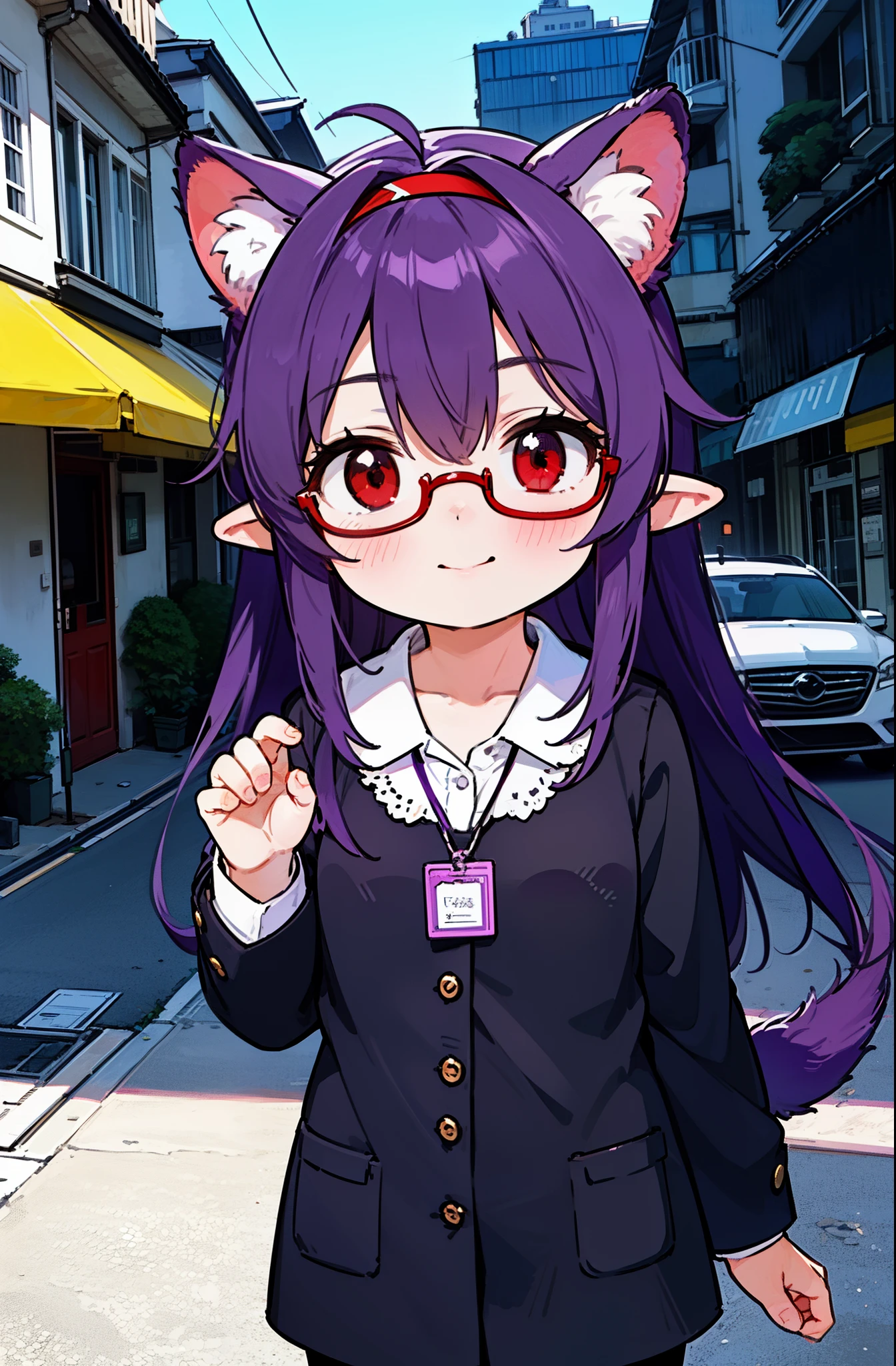 yuukikonno, Yuki Konno, hair band, long hair, pointy ears, purple hair, (red eyes:1.5), (small breasts:1.2), close your mouth,animal ears dog ears,animal tail dog tail,OL, red glasses, end, black suit jacket, collared jacket, white dress shirt, collared shirt, neckline, button, strap, ID card on the neck, black pencil skirt, black pantyhose, smile, blush, morning,morning日
break looking at viewer, Upper body, whole body,
break outdoors, city,building street,
break (masterpiece:1.2), highest quality, High resolution, unity 8k wallpaper, (shape:0.8), (beautiful and detailed eyes:1.6), highly detailed face, perfect lighting, Very detailed CG, (perfect hands, perfect anatomy),