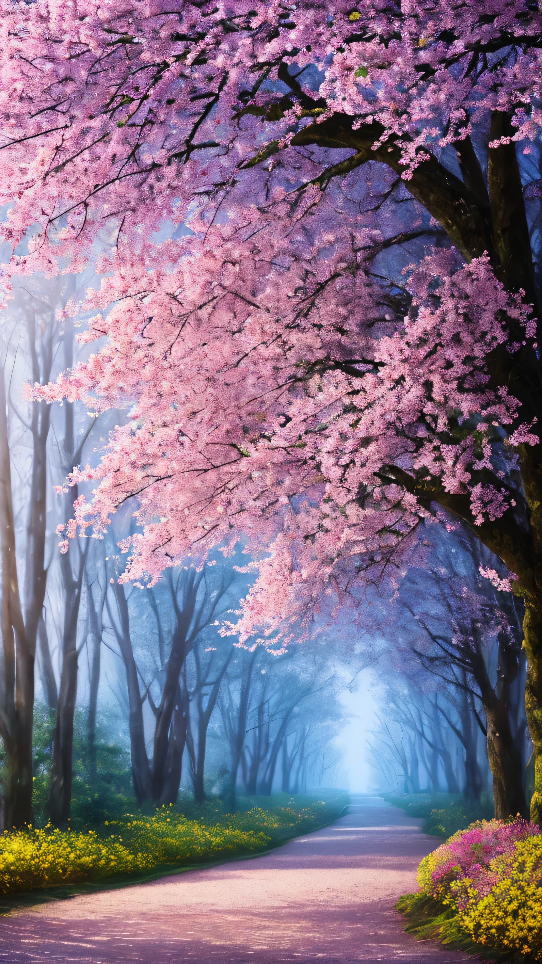 masterpiece, best quality, high quality, extremely detailed 8k wallpaper of CG unit, a charming and dreamy scene of a lush forest of sakuras, with tall trees, creating a sense of mystique and enchantment, artistic station, digital illustration, intricate, trend, pastel colors, oil painting, award-winning photography, Bokeh, depth of field, HDR, flower, chromatic aberration, photorealistic,  extremely detailed, trend in artstation, trend in CGsociety, intricate, high detail, dramatic, art in the middle of the journey, old tree, winding road, lakelet, small fog, cherry blossom tree,  small lake next to the forest, tree tunnel, forsythia flower, Magnolia flowers blooming sparsely
