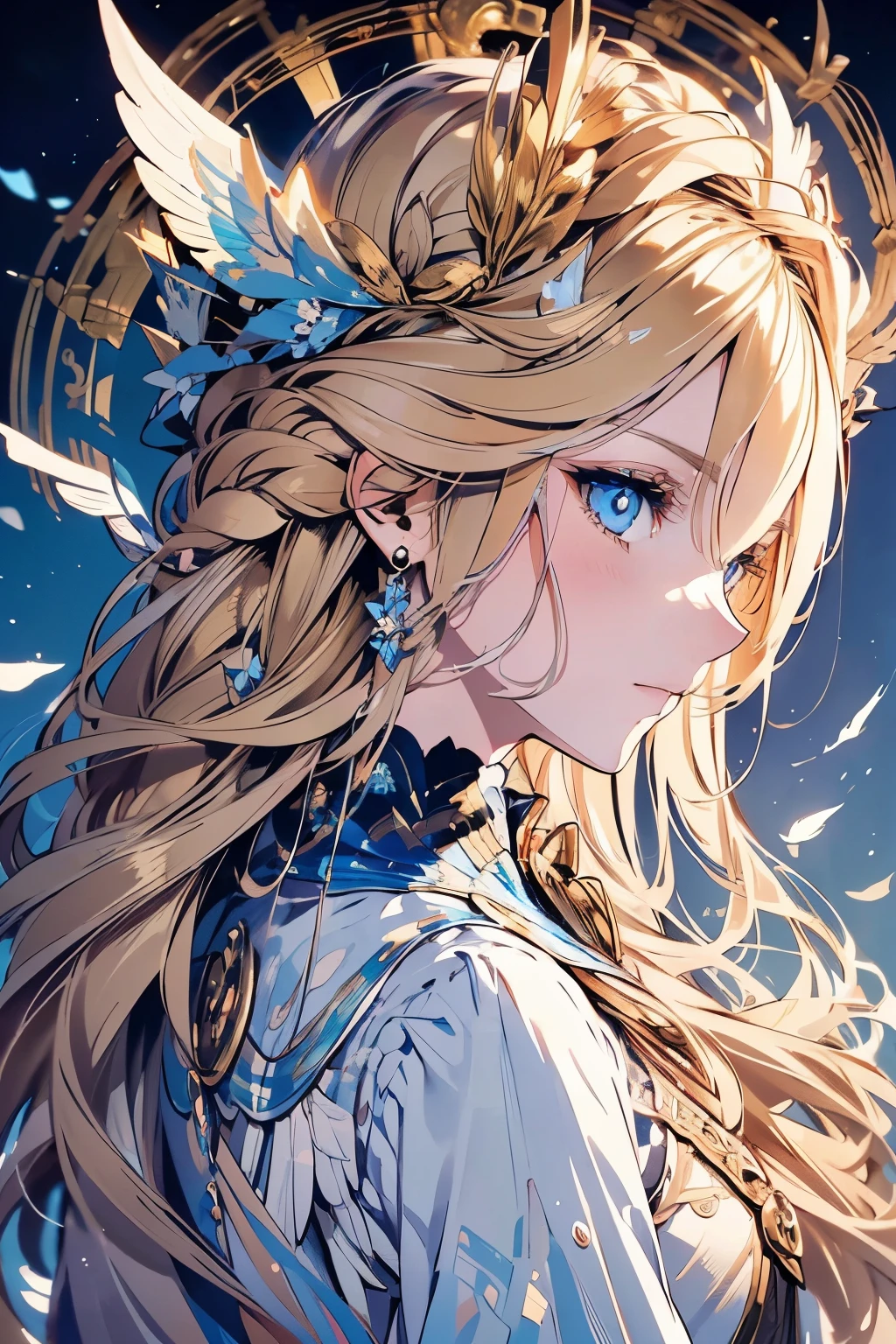 4K quality:1.2,Super beautiful illustration:1.2,Seraph,((6 white wings on the back)),blonde,long hair styles,((beautiful cobalt blue eyes:1.2)),Sky