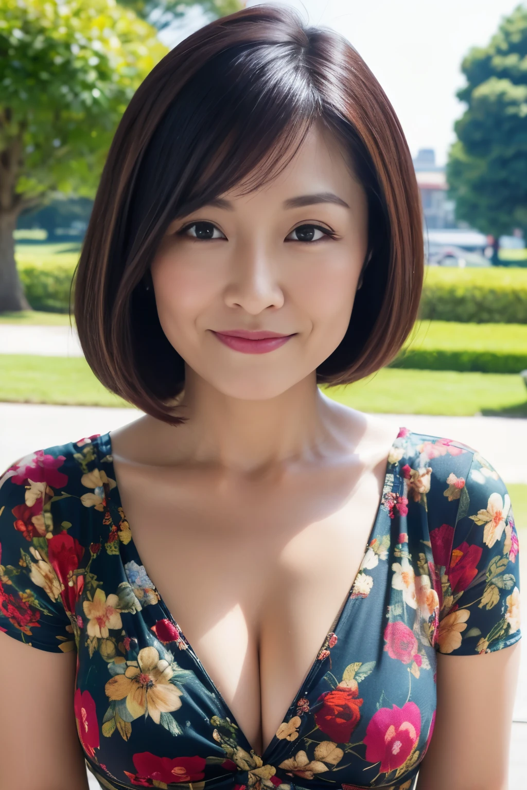 highest quality, masterpiece, High resolution, Photoreal, RAW photo, 8k wallpaper, Flawless, ((one beautiful woman)), 40 years old, sexy woman, ((Gorgeous printed dress)), cleavage, Upper body, ((look into the viewer&#39;s eyes)), detailed face, beautiful eyes, ((facing the front)), (straight posture), sit on a park bench, thighs, bangs, well-shaped chest, straight hair, short bob hair, plump and glossy lips, 