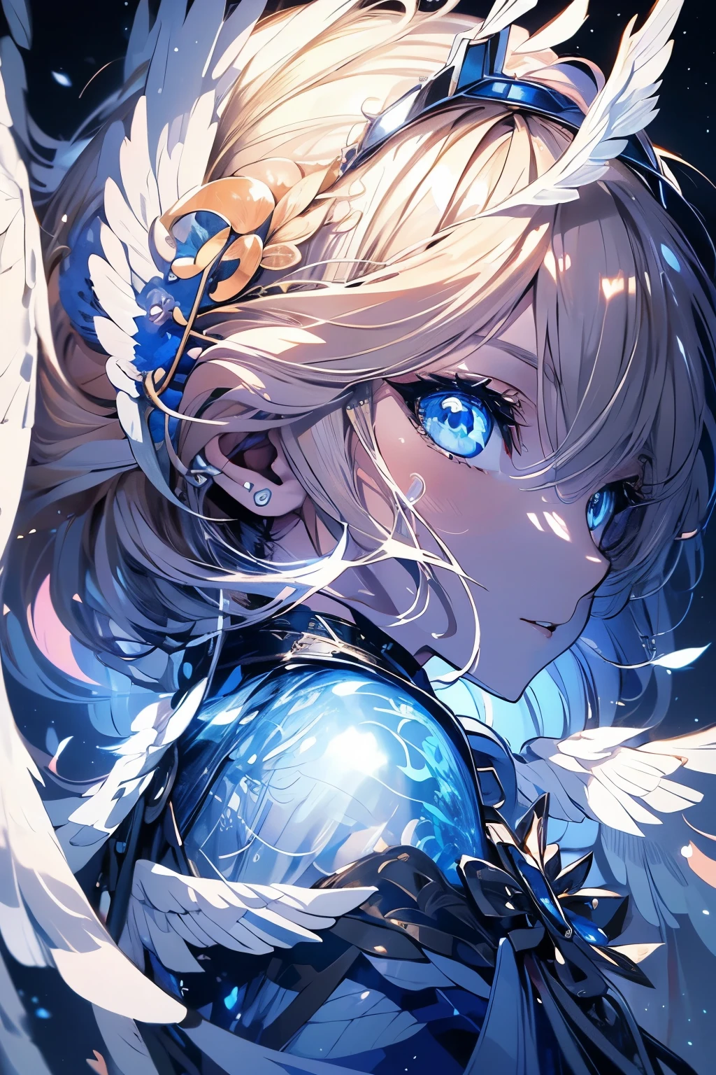 4K quality:1.2,Super beautiful illustration:1.2,Seraph,((6 white wings on the back)),blonde,long hair styles,((beautiful cobalt blue eyes:1.2)),Sky