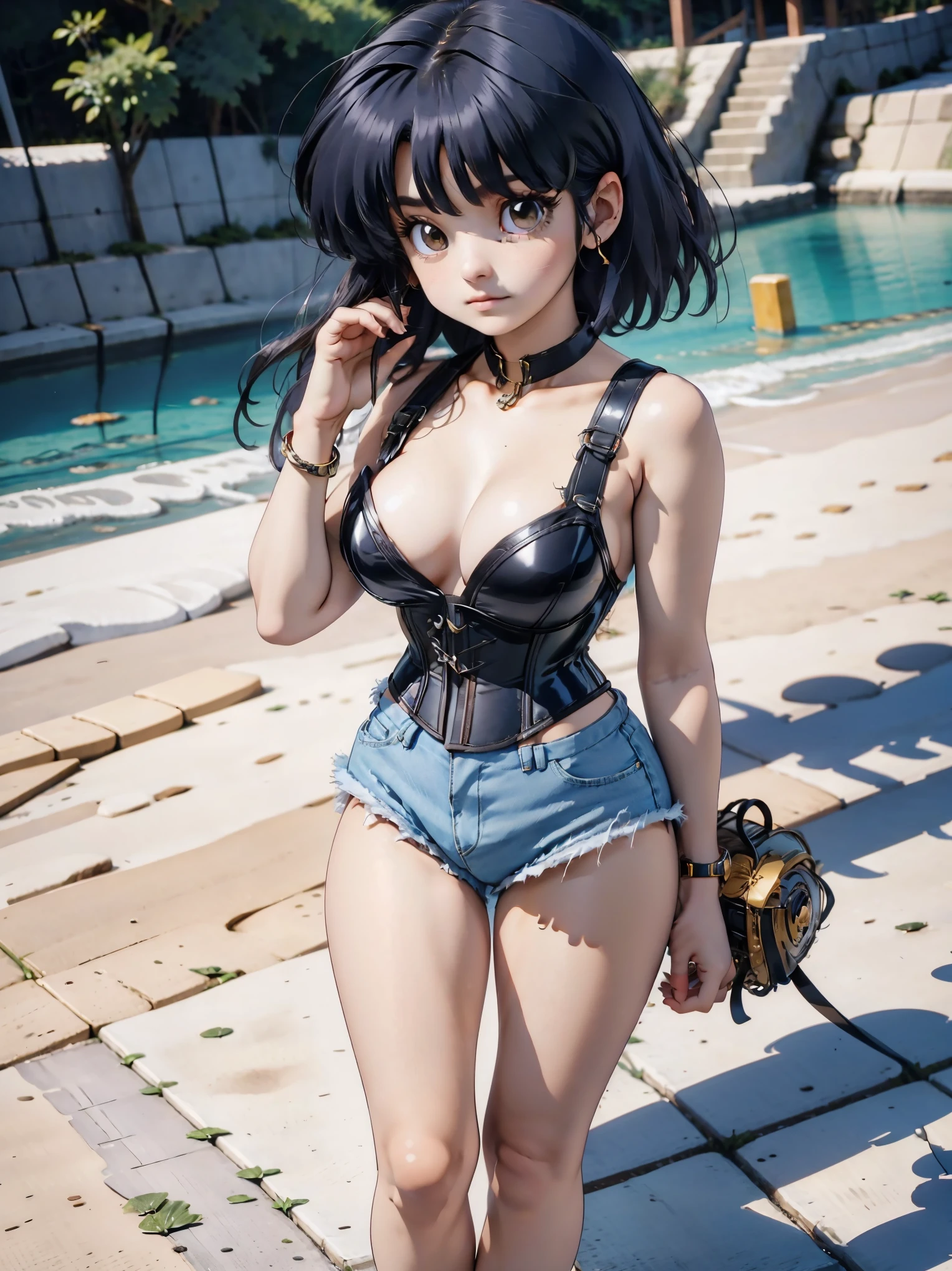 Anime girl with dark bluish hair in denim shorts and a latex corset, , beautiful body, big breasts, with her hands on her waist, hands in her hair, Sexy girl, bluish hair, side strands of hair with a pink bow, strands of hair with a bow on the side of the face, beautiful lighting, soft shadows, brown eyes, beautiful toned legs, short hair, anime style, hand on the waist, hand in the hair, character Akane Tendo, Author Rumiko Takahashi, Based on a work by Rumiko Takahashi, Anime Ranma 1 / 2, sexy cleavage, robust hips, full body, full body, big bust, young girl with nice and beautiful body, sandals on her feet, girl 16 years young, wearing denim shorts and lstex corset, anime girl, anime style, beautiful feet in sandals, 45° viewing angle, outdoors, big breast, beautiful breasts, black hair, sandals on feet, beautiful legs, sexy, beautiful legs, Sandals, big breasts, full body, full body, feet with sandals, big bust