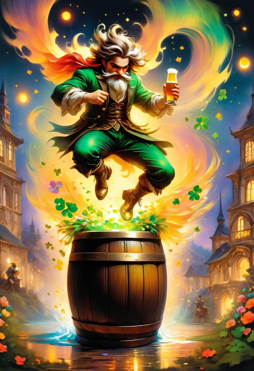 fluorescent horizon, cg graphics illustration, neon colored cityscape at background,
a leprechaun who sits on a barrel full of gold coins and holds a glass of beer in his hand. In the background, horseshoes of golden sonnets and clovers are flying in the air. The background of the image is a picturesque landscape with hills covered in flowers under a sunset sky.
Art by In the style of Giovanni Boldini, Bastien Lecouf-Degarme, Carn Griffiths, E. Abramzon, Raphael, Caravaggio, Coby Whitmore, Titian, Leonardo da Vinci, Studio Ghibli Genshin Impact