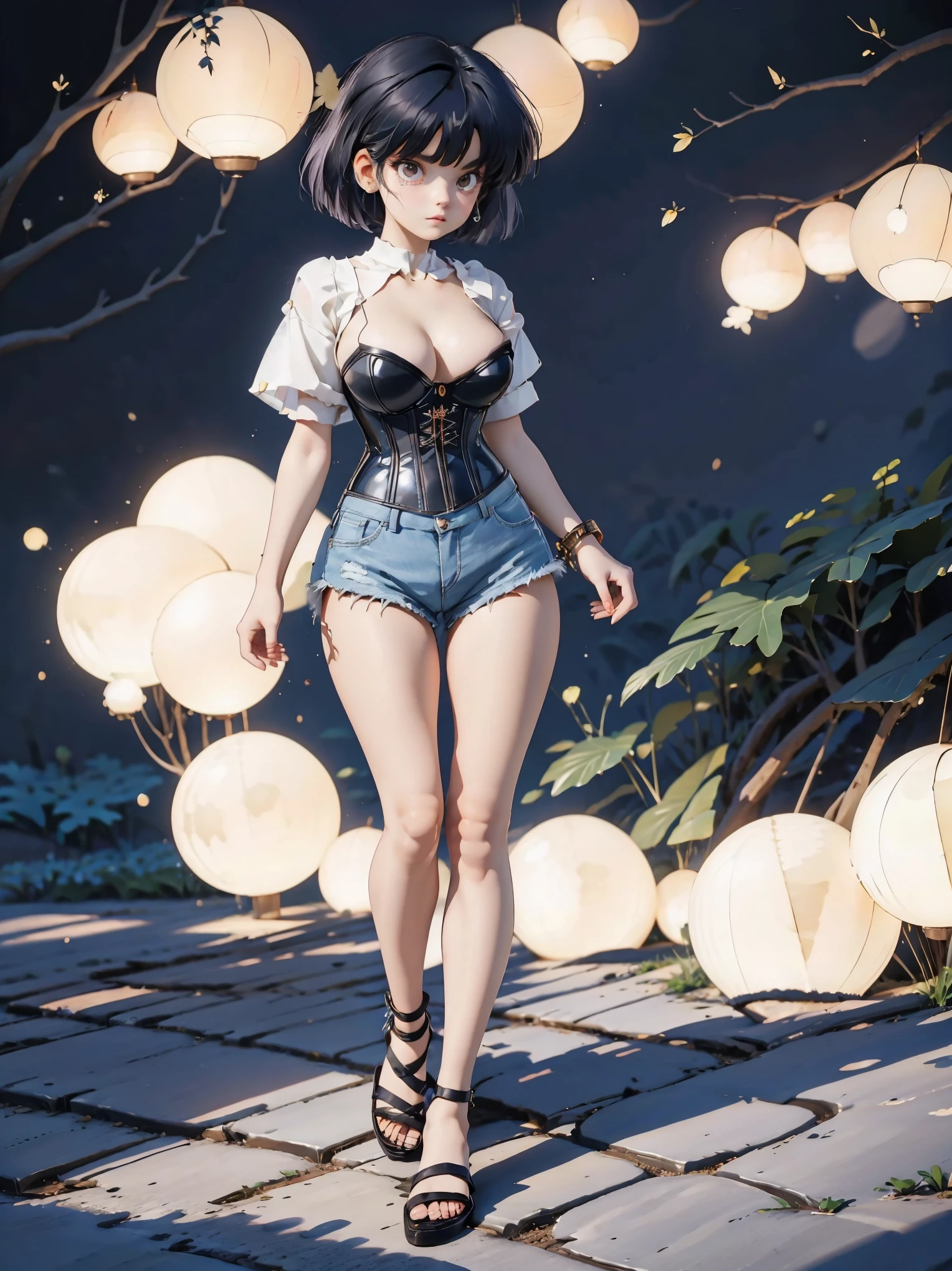 Anime girl with dark bluish hair in denim shorts and a latex corset, , beautiful body, big breasts, with her hands on her waist, hands in her hair, Sexy girl, bluish hair, side strands of hair with a pink bow, strands of hair with a bow on the side of the face, beautiful lighting, soft shadows, brown eyes, beautiful toned legs, short hair, anime style, hand on the waist, hand in the hair, character Akane Tendo, Author Rumiko Takahashi, Based on a work by Rumiko Takahashi, Anime Ranma 1 / 2, sexy cleavage, robust hips, full body, full body, big bust, young girl with nice and beautiful body, sandals on her feet, girl 16 years young, wearing denim shorts and lstex corset, anime girl, anime style, beautiful feet in sandals, 45° viewing angle, outdoors, big breast, beautiful breasts, black hair, sandals on feet, beautiful legs, sexy, beautiful legs, Sandals, big breasts, full body, full body, feet with sandals, big bust