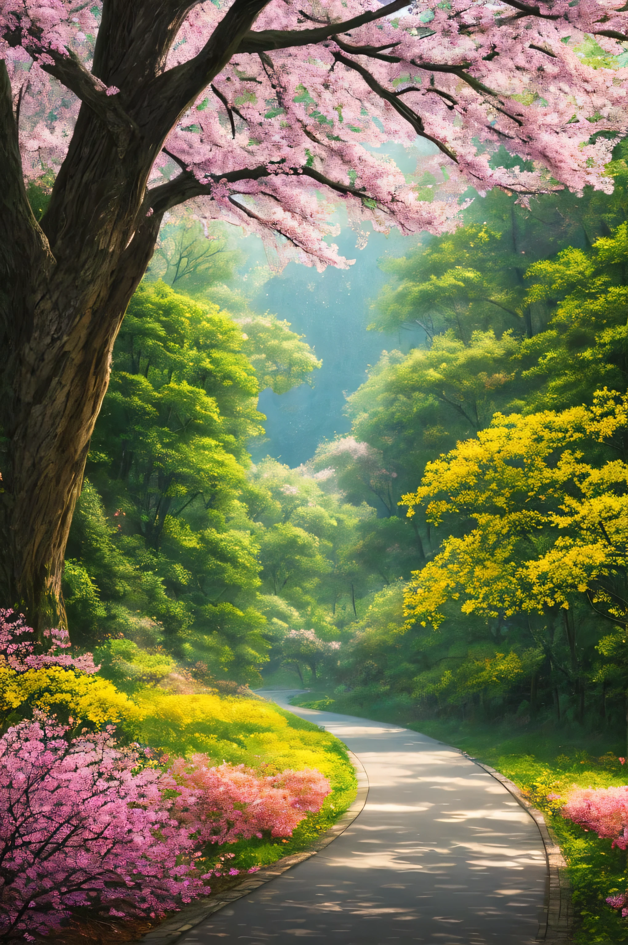 masterpiece, best quality, high quality, extremely detailed 8k wallpaper of CG unit, a charming and dreamy scene of a lush forest of sakuras, with tall trees, creating a sense of mystique and enchantment, artistic station, digital illustration, intricate, trend, pastel colors, oil painting, award-winning photography, Bokeh, depth of field, HDR, flower, chromatic aberration, photorealistic,  extremely detailed, trend in artstation, trend in CGsociety, intricate, high detail, dramatic, art in the middle of the journey, old tree, winding road, lakelet, small fog, cherry blossom tree,  small lake next to the forest, tree tunnel, forsythia flower