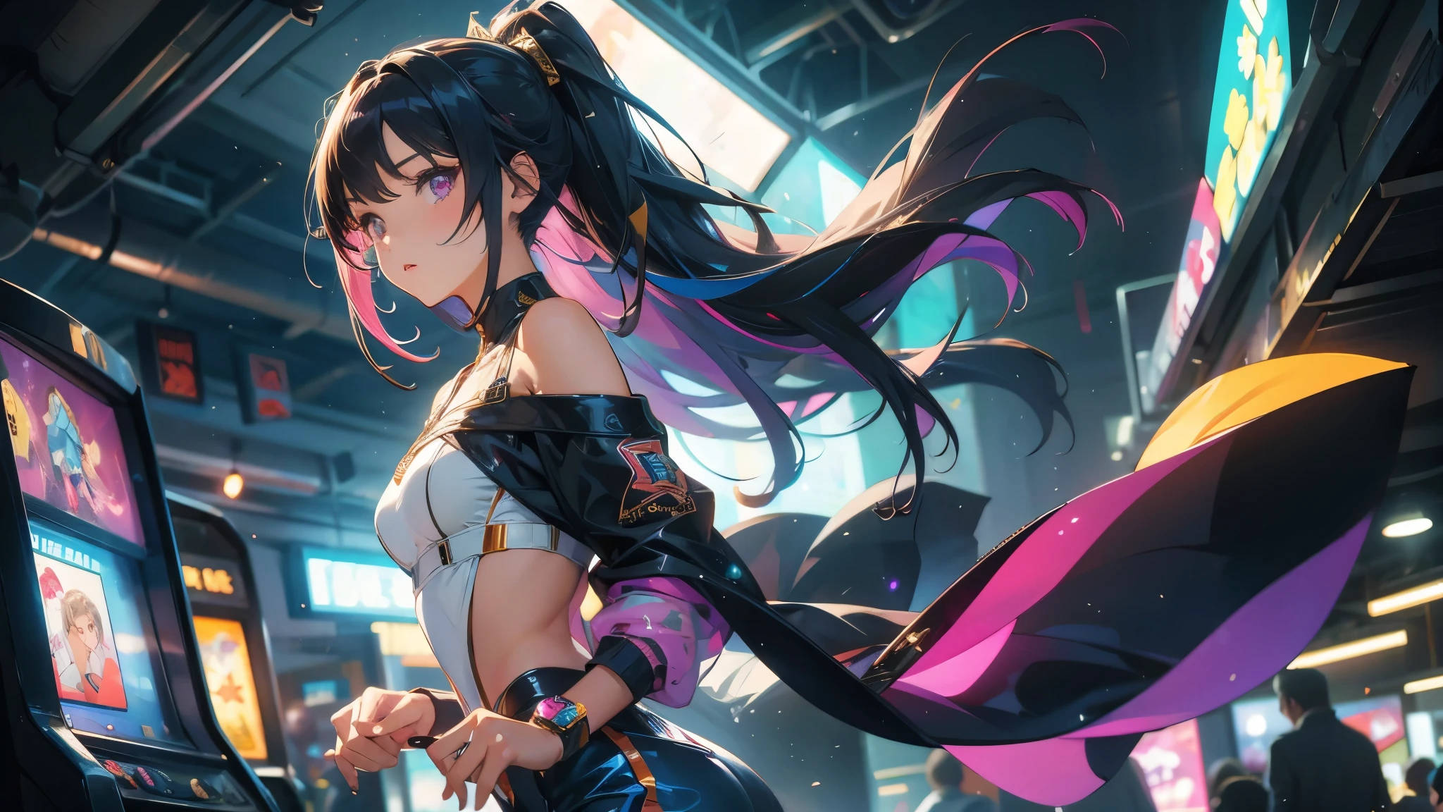 1 girl, solo, ((Masterpiece)), best quality, absurderes, ultra detailed, holographic, cowboy shot, golden ratio, super cute girl, mature girl, idol girl, super beautiful asian girl with very beautiful violet glowing eyes, beautiful glowing cyan multicolored hair, high ponytail, nice and sexy body, slim body, perfect body, wearing a super tight anime printed leotard, an anime printed super tight off shoulder long sleeve crop top, a super aesthetic transparent mini jacket, beautiful hair ornament, pink jordan tennis, playing with her handsome otaku skinny boyfriend, with black messy glowing hair, in the arcade games