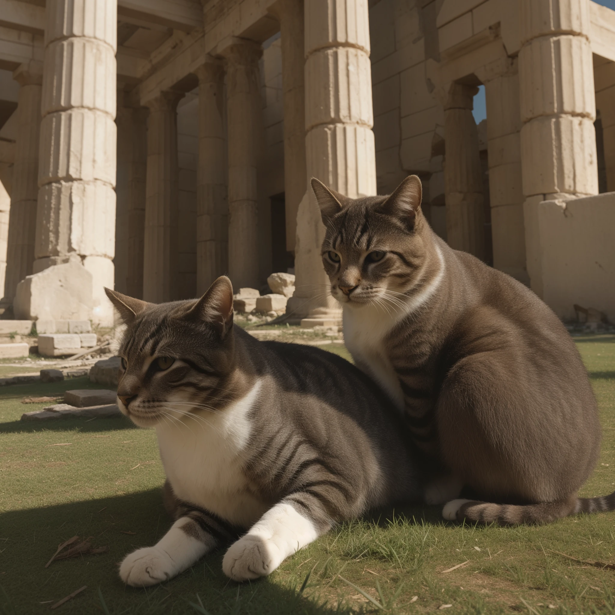 closer, cat (sitting on the grass), in the ruins of a Greek temple in Athens, photorealistic, HDR