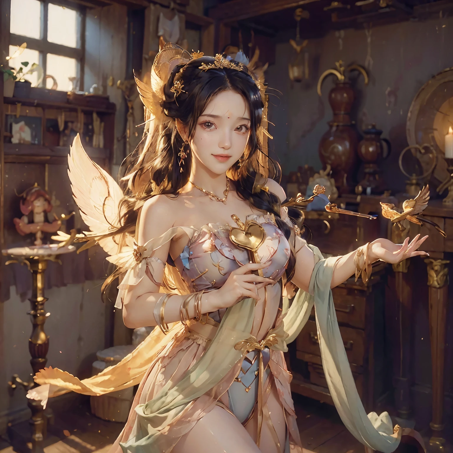 (Masterpiece: 1.4), (High Resolution: 1.4), Older Girl, (Cupid Costume: 1.3), Wearing Diaper, (Detailed Face: 1.4), Beautiful and Aged Skin, (Realistic Eyes: 1.3), Rosy Cheeks, Wings on Back, Smiling, Playful Expression, Soft Focus, Blurred Background, NSFW.
An older girl adorned in a detailed cupid costume, complete with a diaper, poses playfully in front of a softly lit room. Her smile radiates warmth as she displays her rosy cheeks and large, expressive eyes. Her skin gl