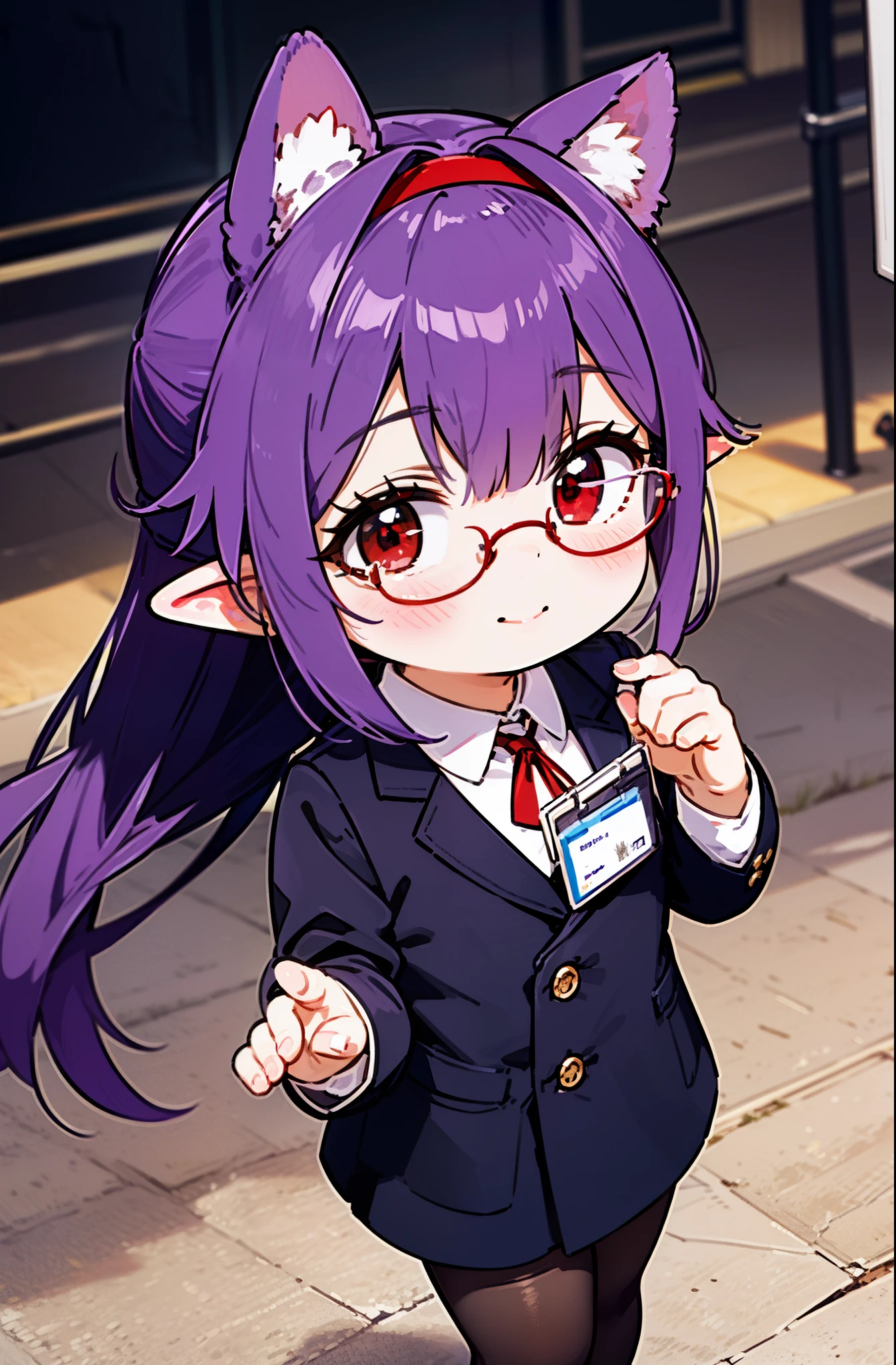yuukikonno, Yuki Konno, hair band, long hair, pointy ears, purple hair, (red eyes:1.5), (small breasts:1.2), close your mouth,animal ears　dog ears,animal tail　dog tail,OL, red glasses, end, black suit jacket, collared jacket, white dress shirt, collared shirt, neckline, button, strap, ID card on the neck, black pencil skirt, black pantyhose, smile, blush, morning,morning日
break looking at viewer, Upper body, whole body,
break outdoors, city,building street,
break (masterpiece:1.2), highest quality, High resolution, unity 8k wallpaper, (shape:0.8), (beautiful and detailed eyes:1.6), highly detailed face, perfect lighting, Very detailed CG, (perfect hands, perfect anatomy),