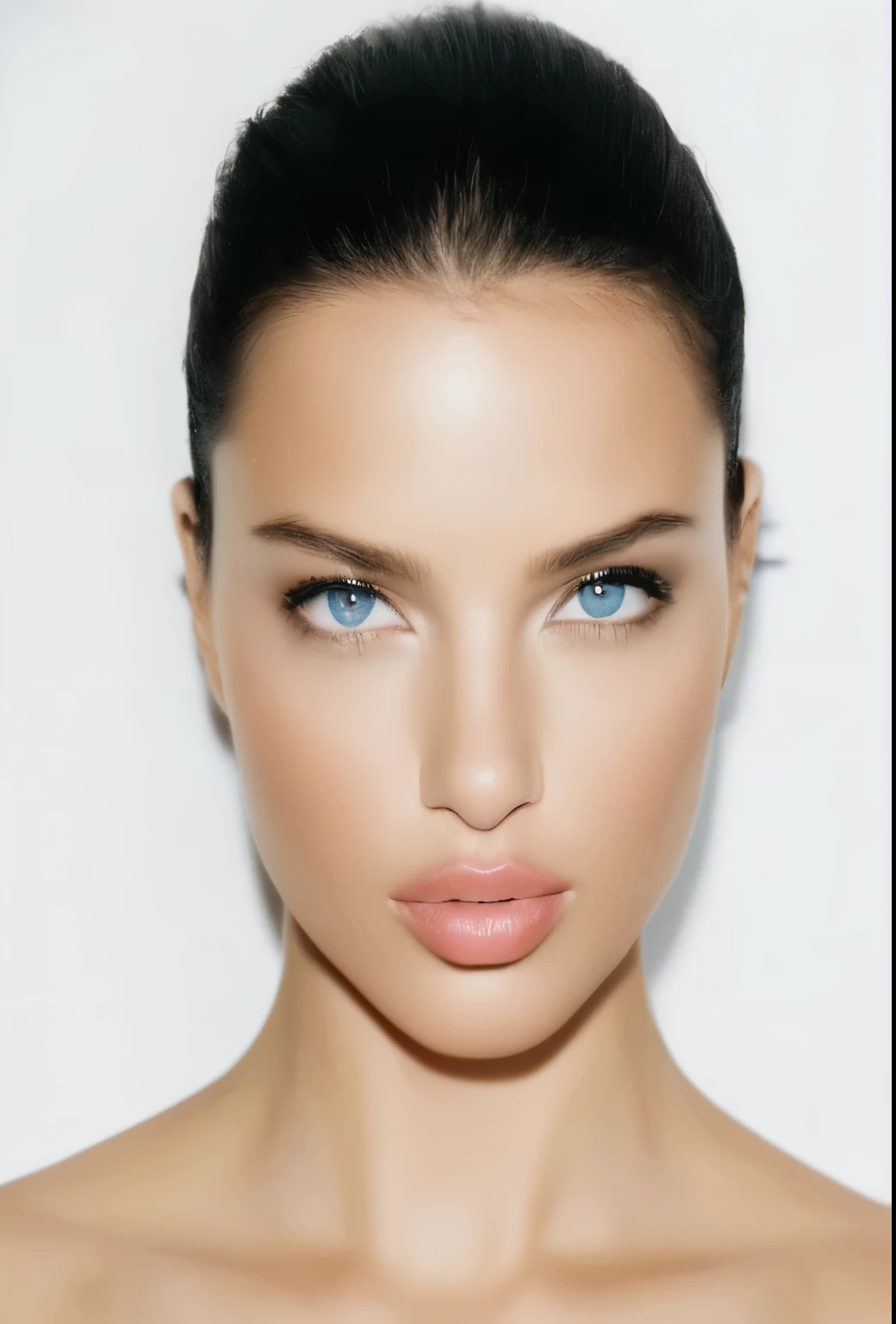 a close up of a woman, adriana lima, perfect face model, flawless face, with symmetrical facial features, perfect face and eyes, clean beautiful symmetrical face, clean perfect symmetrical face, perfect facial features, perfect face ), gorgeous attractive face, attractive facial features, richly defined face, attractive symmetrical face, perfect face, blue eyes, absurd definition, high definition, 4k