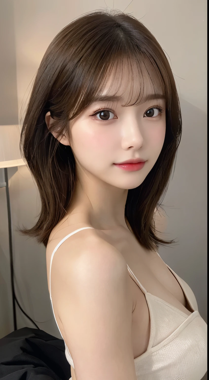 (close-up photo of face:1.2)、(light makeup)、(highest quality,masterpiece:1.3,超A high resolution,),(super detailed,caustics),(Photoreal:1.4,RAW shooting,)ultra-realistic capture,（32ｋ,high details,high detail、masterpiece,attention to detail,),RAW photo & realistic atmosphere,,detailed mouth,glossy lips,fine eyebrows,Eyes drawn in detail、Soft white skin that shines in every detail)、(thin camisole:1.3)、 (A scantily clad beautiful girl with small breasts)、 Use natural light and color,one woman,Japanese,,cute,brown hair bob cut,(Depth of the bounds written、chromatic aberration、light solid color background、wide lighting range、natural shading、)、、(cinematic lighting:1.4)、(Light your face:1.2)、(Beautiful girl facing the front:1)、(Highest image quality:1.3)