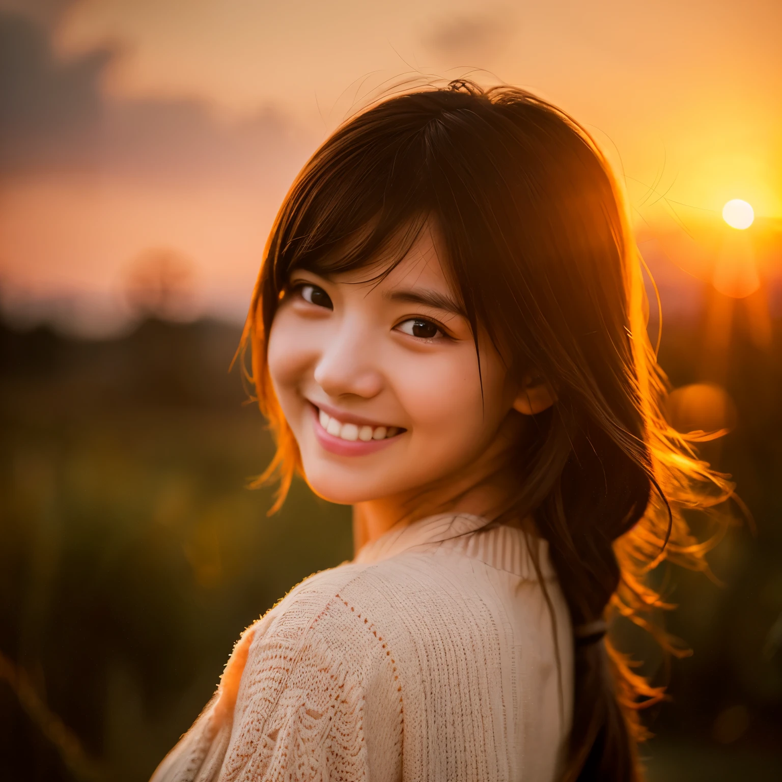highest quality,masterpiece,ultra high resolution,(reality:1.4),original photo,cinematic lighting,
1 girl,smile,Backlight,sunset,