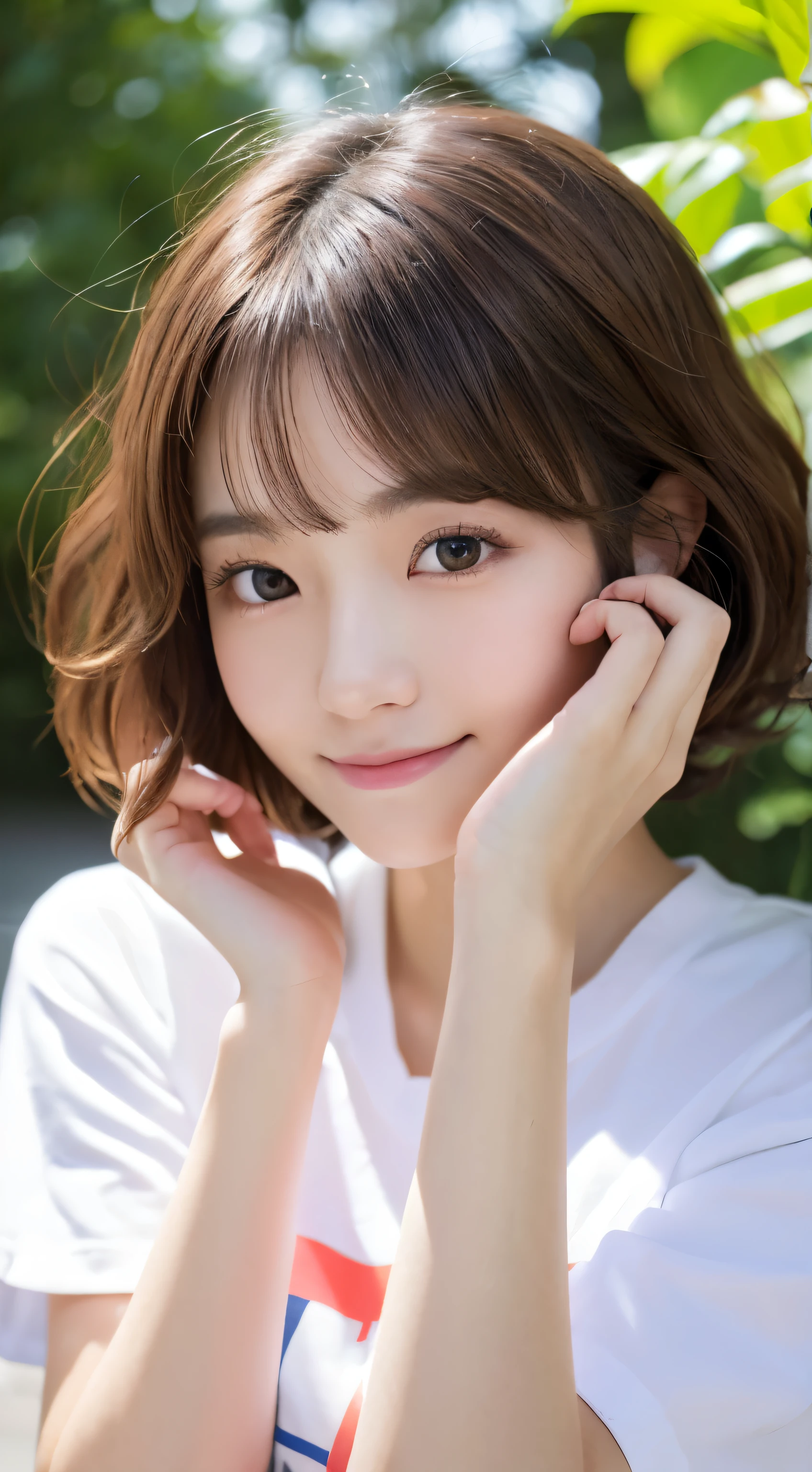 (top quality,8K quality,Masterpiece:1.3,),(ultra high resolution:1.Great sense of reality:1.4,original photography:1.2),(Super detailed:1.2,shiny skin,Delicate skin:1.1),(Detailed face,perfect anatomy,Caustics:1.2),Park lawn,sleep on your back,1 girl,kawaii,Japanese,22 years old,Japan Ita,natural brown hair,curl short hair outwards,beautiful eyes,natural makeup,oversized t-shirt,a smile,looking at camera,face,Face focus,professional lighting,natural soft light,