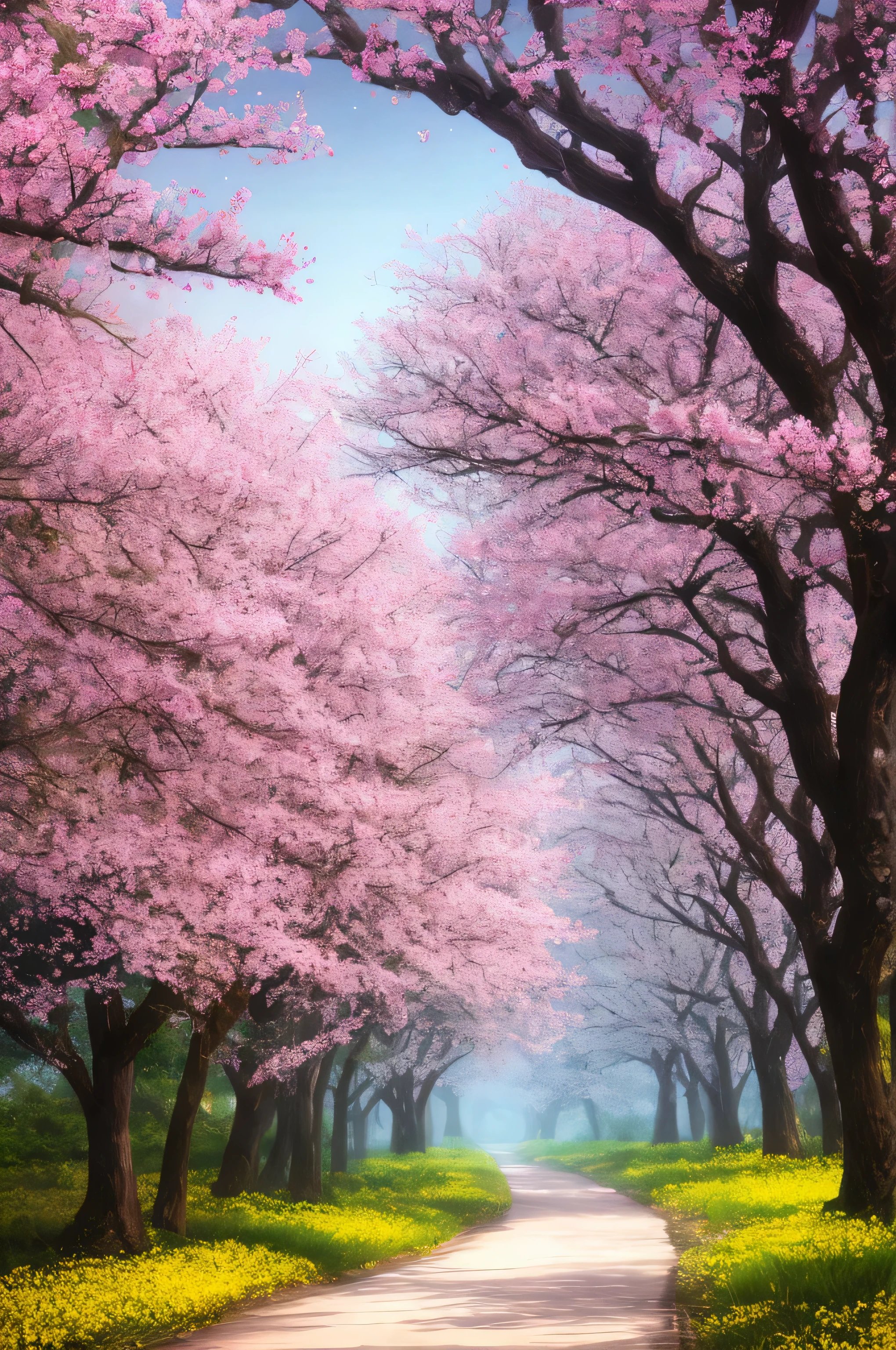 masterpiece, best quality, high quality, extremely detailed 8k wallpaper of CG unit, a charming and dreamy scene of a lush forest of sakuras, with tall trees, creating a sense of mystique and enchantment, artistic station, digital illustration, intricate, trend, pastel colors, oil painting, award-winning photography, Bokeh, depth of field, HDR, flower, chromatic aberration, photorealistic, extremely detailed, trend in artstation, trend in CGsociety, intricate, high detail, dramatic, art in the middle of the journey, old tree, winding road, lakelet, small fog, cherry blossom tree, small lake next to the forest, tree tunnel, forsythia flower