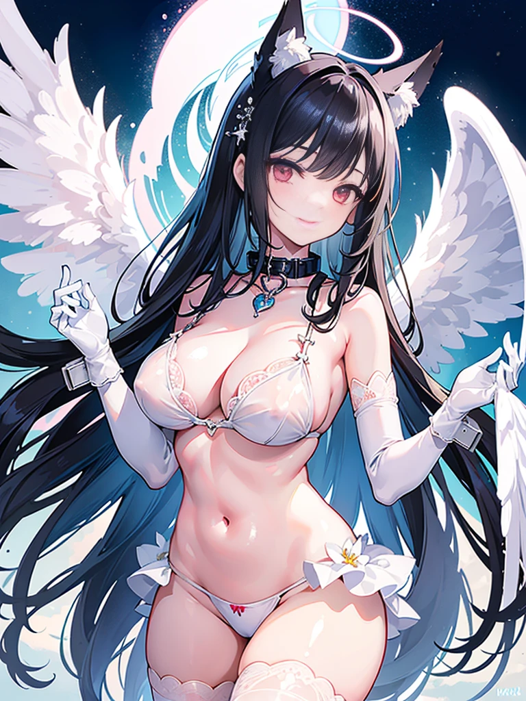 high quality, masterpiece, super detailed, 1 girl, extremely detailed faces, White lace latex bikini,White gloves,angel halo,angel wings,BDSM,handcuffs,collar,Calm expression,Smile,handcuffs,collar,long black hair, Charming pink eyes, fox ears, ridiculously big, skin shiny, fly in the sky,bright sky,