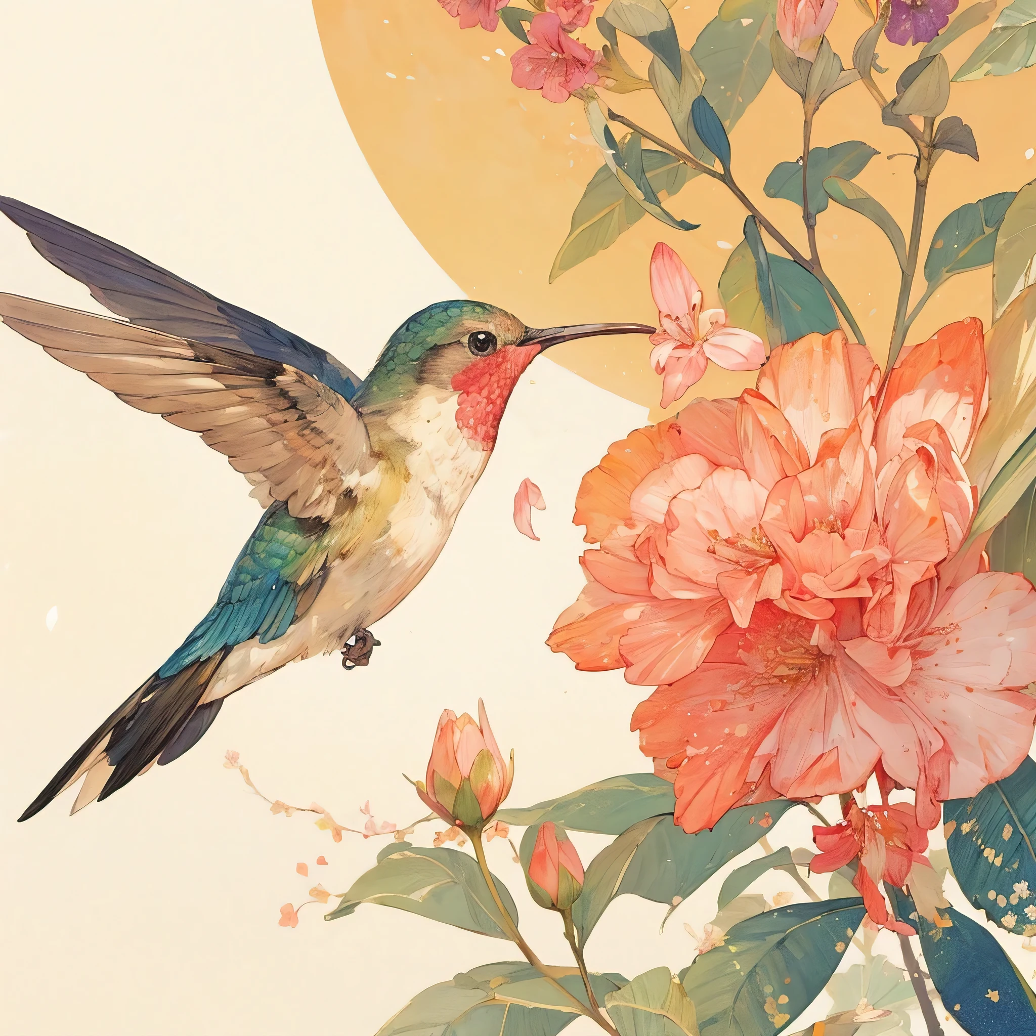 (best quality,4k,8k,highres,masterpiece:1.2),ultra-detailed,(realistic,photorealistic,photo-realistic:1.37),hummingbird,drinking from a flower,colorful and vibrant feathers,long beak,nectar-filled bloom,long elegant wings,hovering in midair,incredible eye detail,tropical garden background,sunlit scene,stunning floral details,pollen-covered petals,delicate and intricate stamen and pistil,soft sunlight filtering through the leaves,exquisite and realistic depiction of the bird's delicate body and features,translucent wings capturing the light with impeccable precision,immersive and lifelike portrayal of the hummingbird's iridescent plumage,meticulous attention to the reflection of colors on the bird's feathers,exquisite and intricate details of the flower's petals and stamen,meticulous rendering of the subtle highlights and shadows on the bird's body,impressive sense of depth and dimension,painting-like quality with vibrant colors and rich textures,artistic interpretation blending realism and fantasy,ethereal and magical atmosphere,subtle bokeh effect for a dreamy ambiance,hummingbird gracefully sipping nectar from the flower,enchanting and captivating scene that brings the viewer into a world of wonder and beauty.