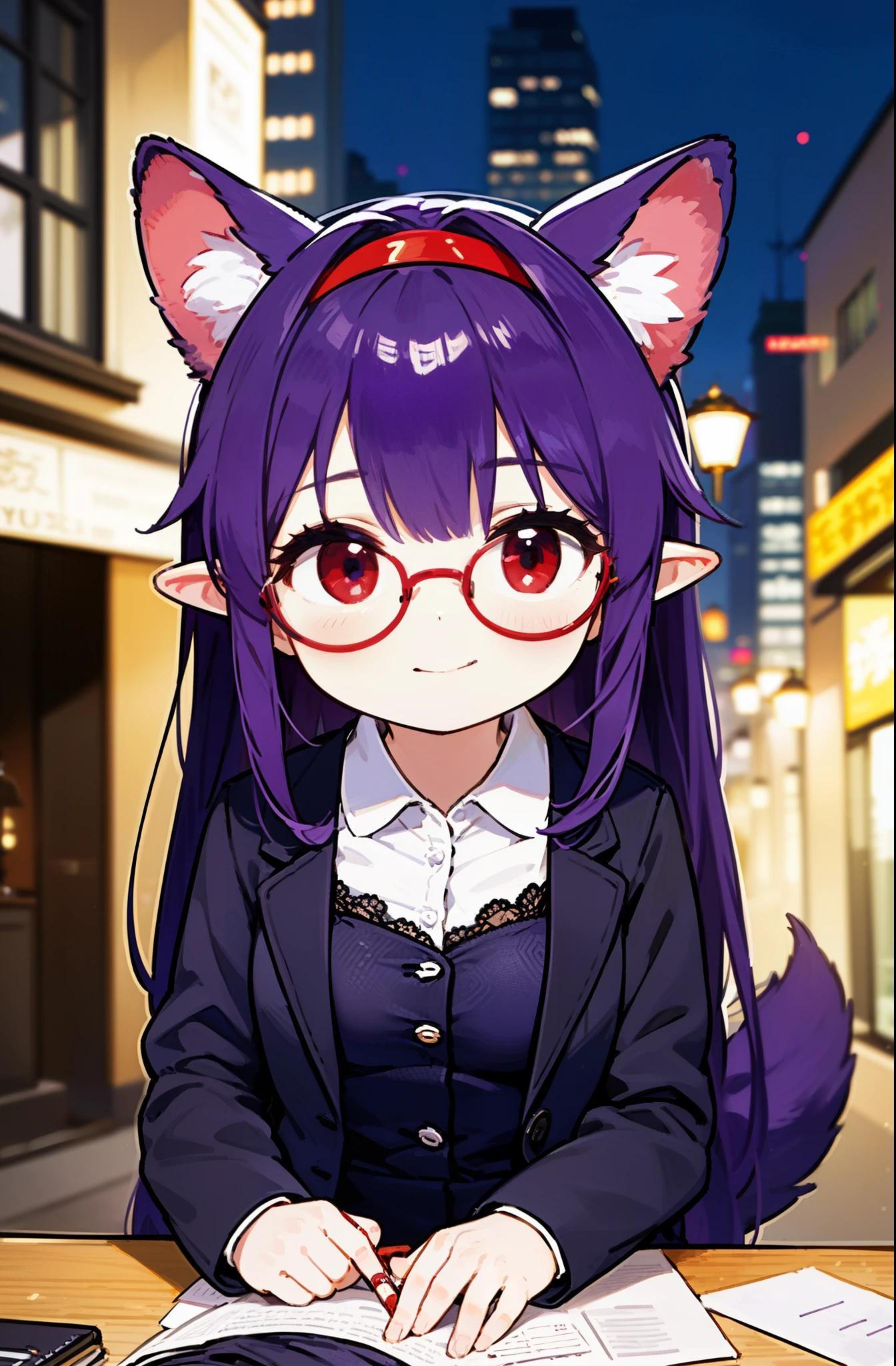 yuukikonno, Yuki Konno, hair band, long hair, pointy ears, purple hair, (red eyes:1.5), (small breasts:1.2), close your mouth,animal ears　dog ears,animal tail　dog tail,OL, red glasses, end, black suit jacket, collared jacket, white dress shirt, collared shirt, neckline, button, strap, ID card on the neck, black pencil skirt, black pantyhose, smile, blush, morning,morning日
break looking at viewer, Upper body, whole body,
break outdoors, city,building street,
break (masterpiece:1.2), highest quality, High resolution, unity 8k wallpaper, (shape:0.8), (beautiful and detailed eyes:1.6), highly detailed face, perfect lighting, Very detailed CG, (perfect hands, perfect anatomy),