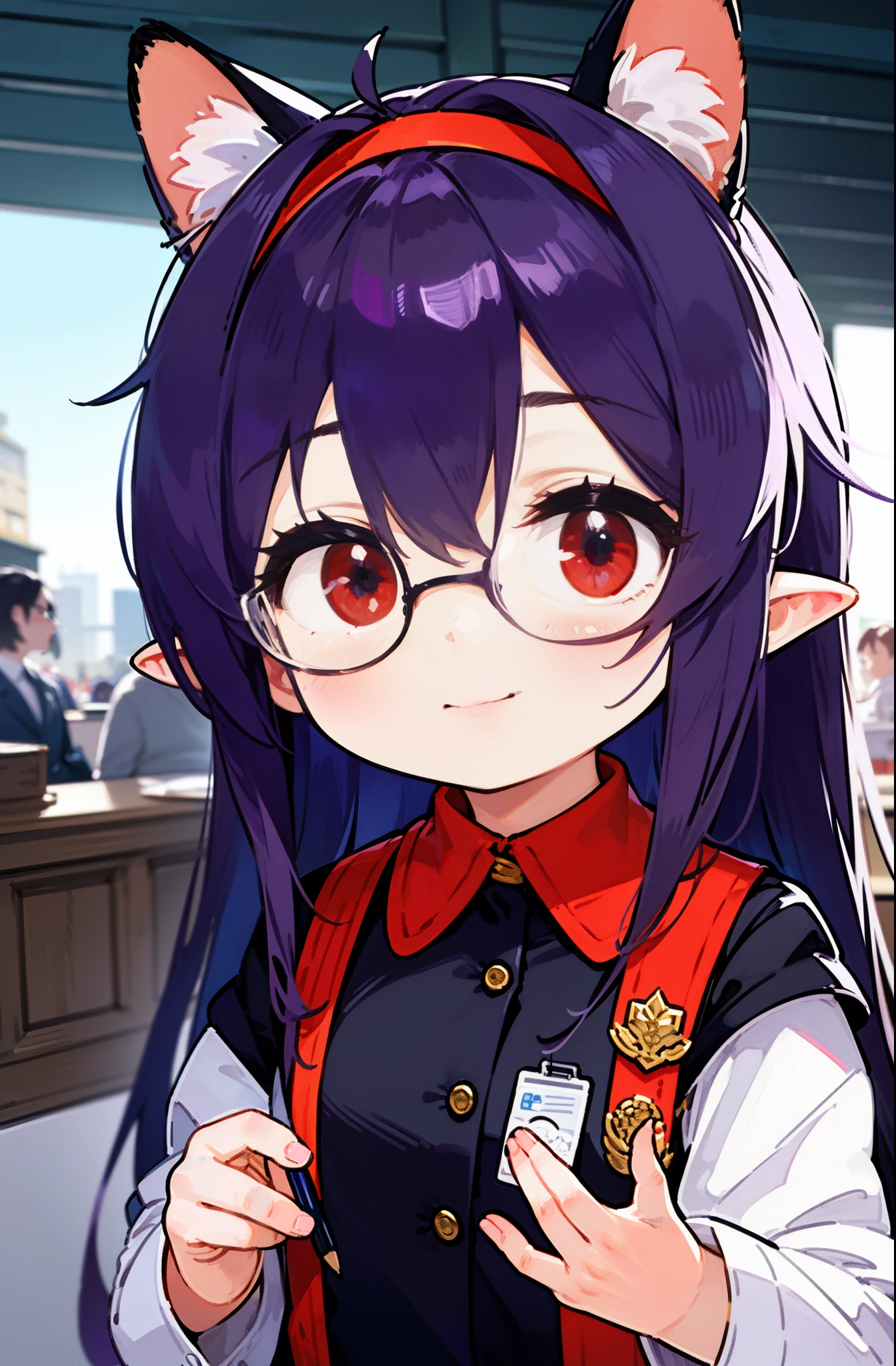 yuukikonno, Yuki Konno, hair band, long hair, pointy ears, purple hair, (red eyes:1.5), (small breasts:1.2), close your mouth,animal ears　dog ears,animal tail　dog tail,OL, red glasses, end, black suit jacket, collared jacket, white dress shirt, collared shirt, neckline, button, strap, ID card on the neck, black pencil skirt, black pantyhose, smile, blush, morning,morning日
break looking at viewer, Upper body, whole body,
break outdoors, city,building street,
break (masterpiece:1.2), highest quality, High resolution, unity 8k wallpaper, (shape:0.8), (beautiful and detailed eyes:1.6), highly detailed face, perfect lighting, Very detailed CG, (perfect hands, perfect anatomy),