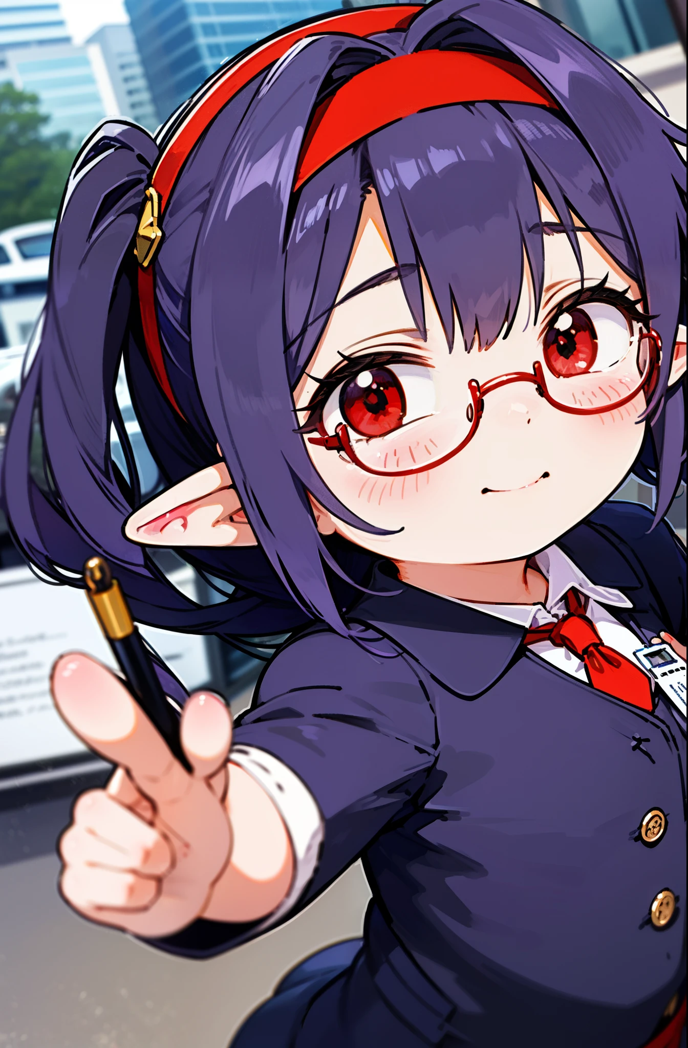 yuukikonno, Yuki Konno, hair band, long hair, pointy ears, purple hair, (red eyes:1.5), (small breasts:1.2), close your mouth,animal ears　droopy dog ears,animal tail　dog tail,OL, red glasses, end, black suit jacket, collared jacket, white dress shirt, collared shirt, neckline, button, strap, ID card on the neck, black pencil skirt, black pantyhose, smile, blush, morning,morning日
break looking at viewer, Upper body, whole body,
break outdoors, city,building street,
break (masterpiece:1.2), highest quality, High resolution, unity 8k wallpaper, (shape:0.8), (beautiful and detailed eyes:1.6), highly detailed face, perfect lighting, Very detailed CG, (perfect hands, perfect anatomy),