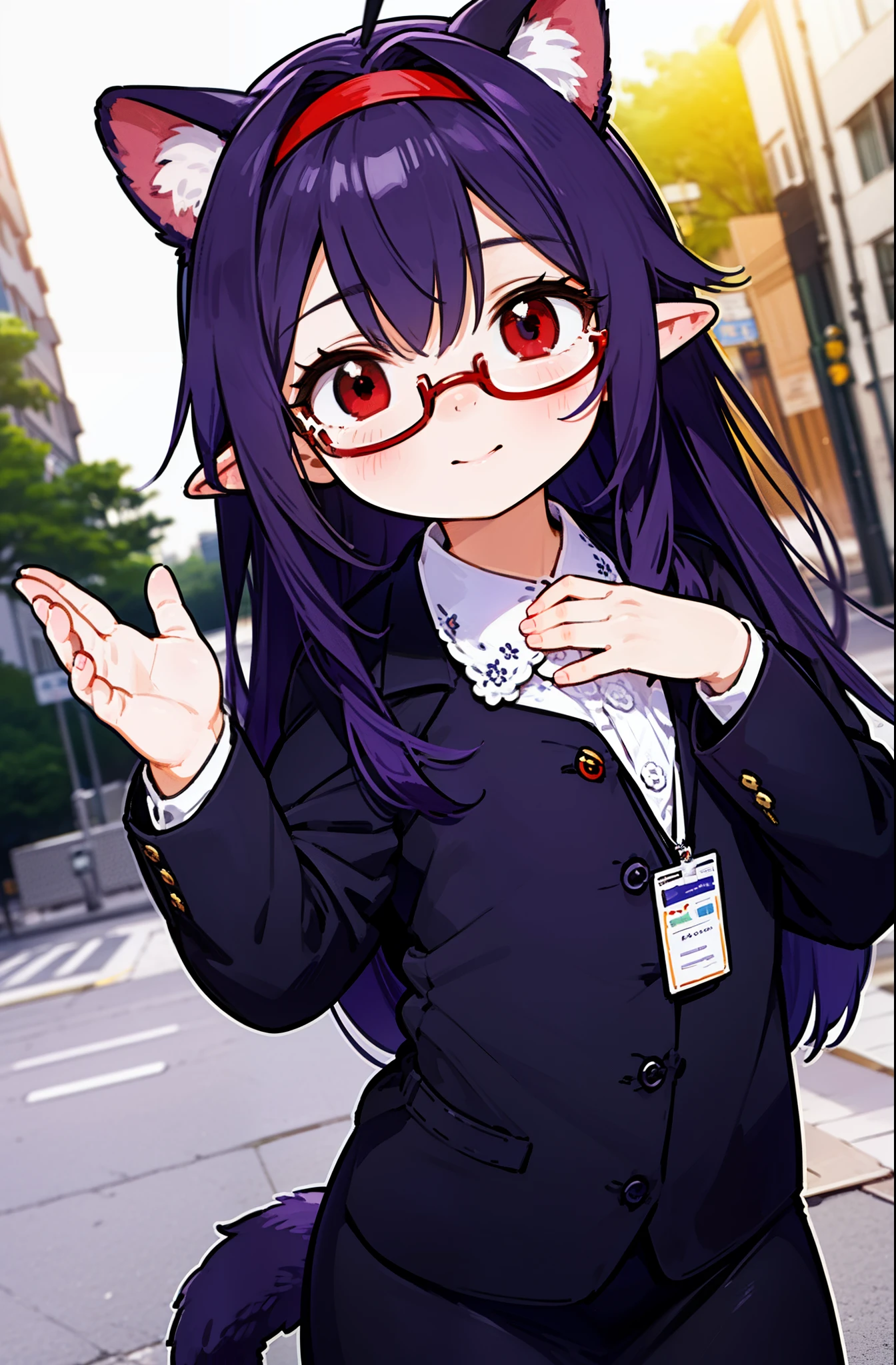 yuukikonno, Yuki Konno, hair band, long hair, pointy ears, purple hair, (red eyes:1.5), (small breasts:1.2), close your mouth,animal ears droopy dog ears,animal tail dog tail,OL, red glasses, end, black suit jacket, collared jacket, white dress shirt, collared shirt, neckline, button, strap, ID card on the neck, black pencil skirt, black pantyhose, smile, blush, morning,morning日
break looking at viewer, Upper body, whole body,
break outdoors, city,building street,
break (masterpiece:1.2), highest quality, High resolution, unity 8k wallpaper, (shape:0.8), (beautiful and detailed eyes:1.6), highly detailed face, perfect lighting, Very detailed CG, (perfect hands, perfect anatomy),
