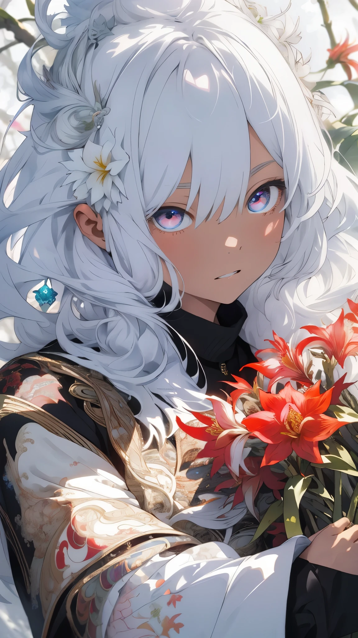 realisticlying，（tmasterpiece，top Quority，best qualtiy，offcial art，Beauty and aesthetics：1.2），The is very detailed，s fractal art，Colorful，Most detailed，zentangle，（abstract backgrounds：1.5）（1boy：1.3），Kamimei，white color hair，long whitr hair，（luminous red eyeistic，(magia)，Ice and snow，Kizi，((amaryllis，Stone garlic))，hades，hell