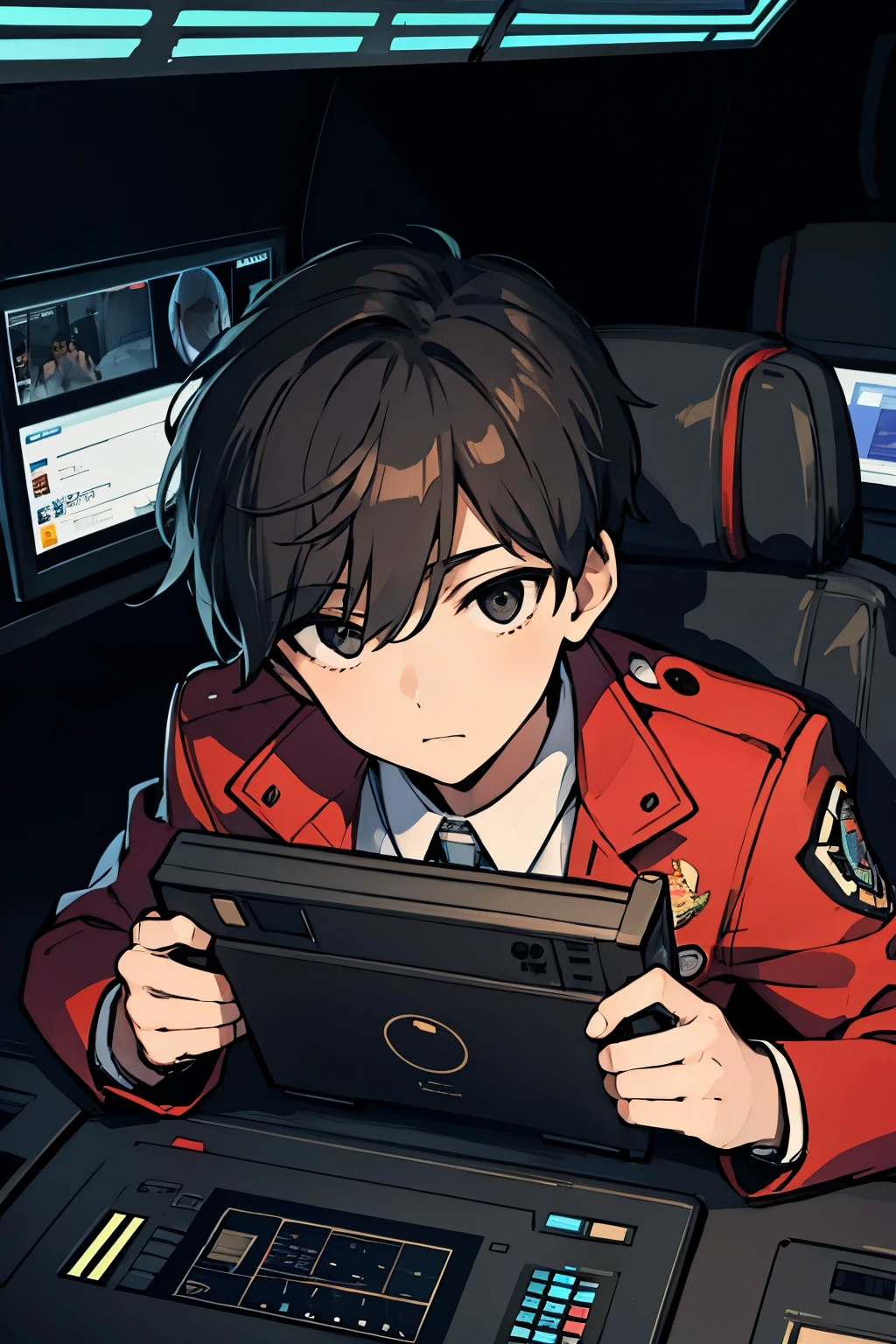 (((masterpiece))), ((best quality)), 1boy, male, young boy, cockpit, inside a robot cockpit, monitor display, surrounded by control panels, buttons, switches, ((looking away from camera)), (looking up to the sky), red jacket, black hair, black eyes, hopeful eyes