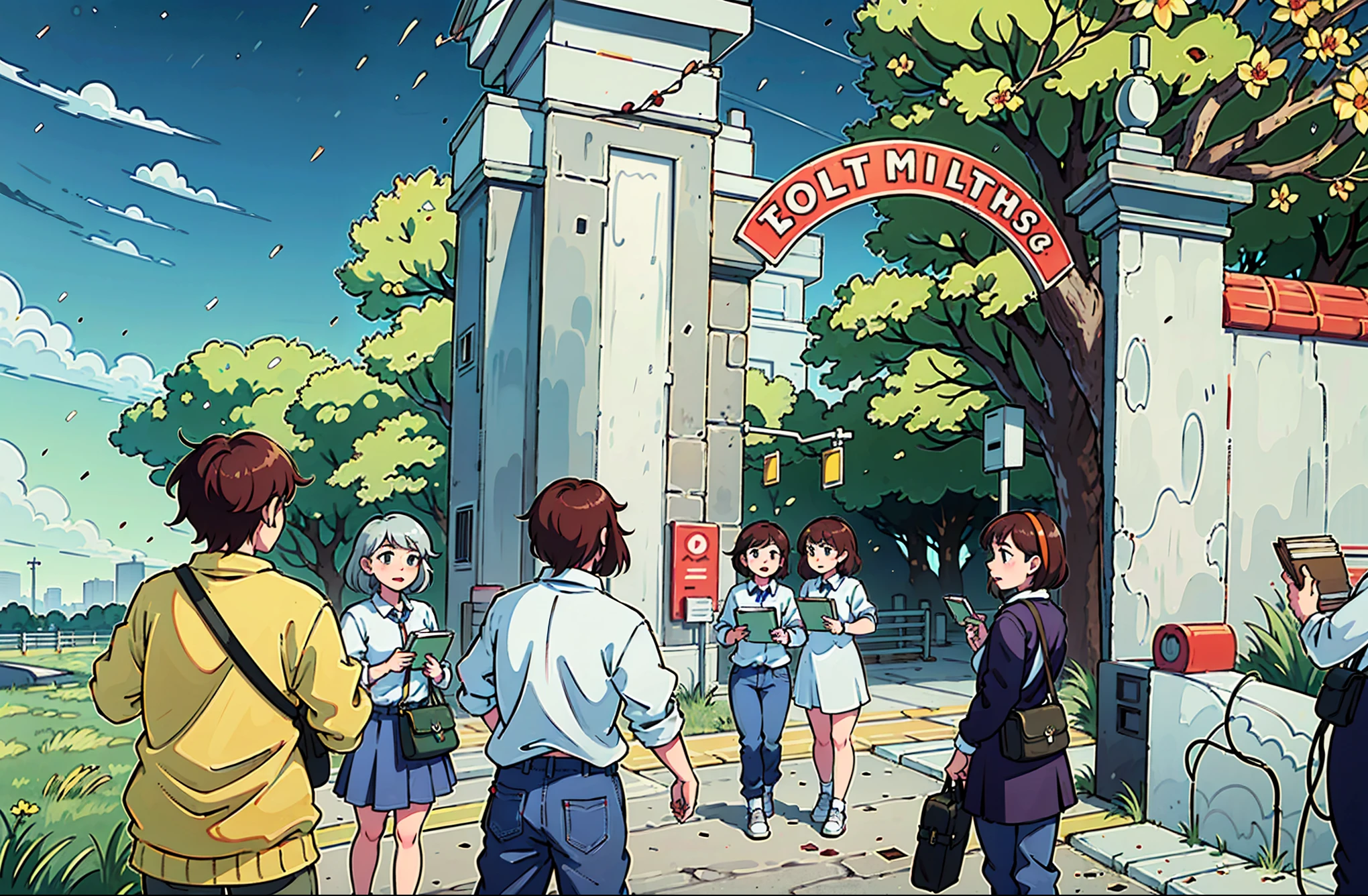 clean comic style,Three people at the school gate are holding books in their hands,camera shot
