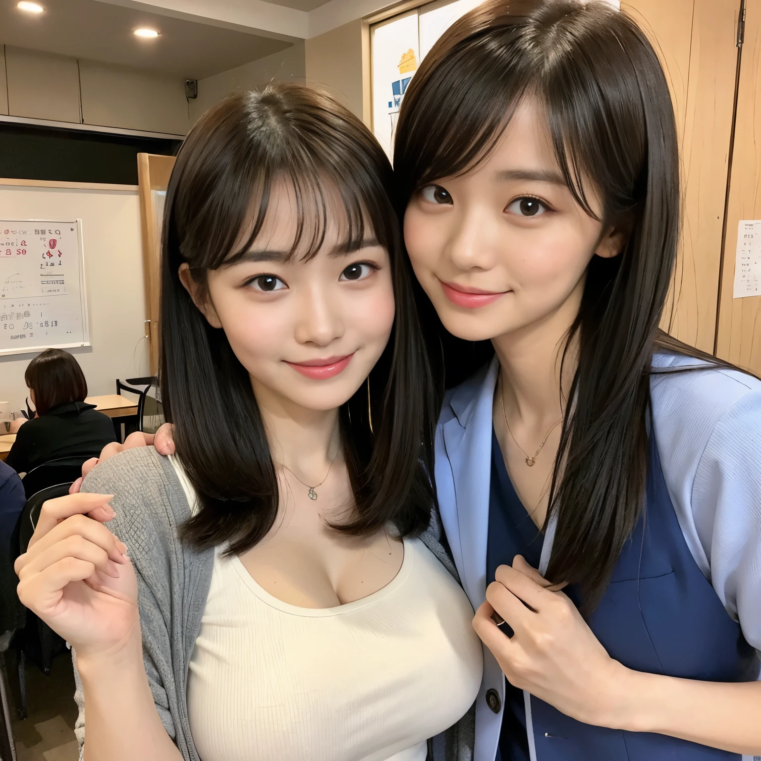 1 girl, alone, highest quality, 8k, japanese women pictures, 25 years old, kindergarten teacher, long straight black hair,, ((Plump)), ((big breasts)),simple t-shirt, plain jogging pants,, best smile ever,Izakaya, Grow eyes, shining happiness, considerate personality, sweet feminine aura, Calm but resolute attitude, lightly freckled cheeks, a spirit of warmth and joy, Modest casual wear perfect for teaching,pixie cut fringe, eyes shining with dedication, Two people in love,couple,men and womenの写った, a humble and dedicated kindergarten teacher, lively.Two-shot of the couple,1 man,men and women,man wearing a suit,man wearing a suit,man wearing a suit,couple,Two people in love,tall man,tall man,man wearing a suit,middle aged man,middle aged man,middle aged man,40 year old man wearing a suit,man wearing a suit,Man in jacket,Izakayaの中,banquet,banquet,Year-end party,Izakaya,Izakaya,beer mug,big breasts,valley,超big breasts,valley,big breasts,