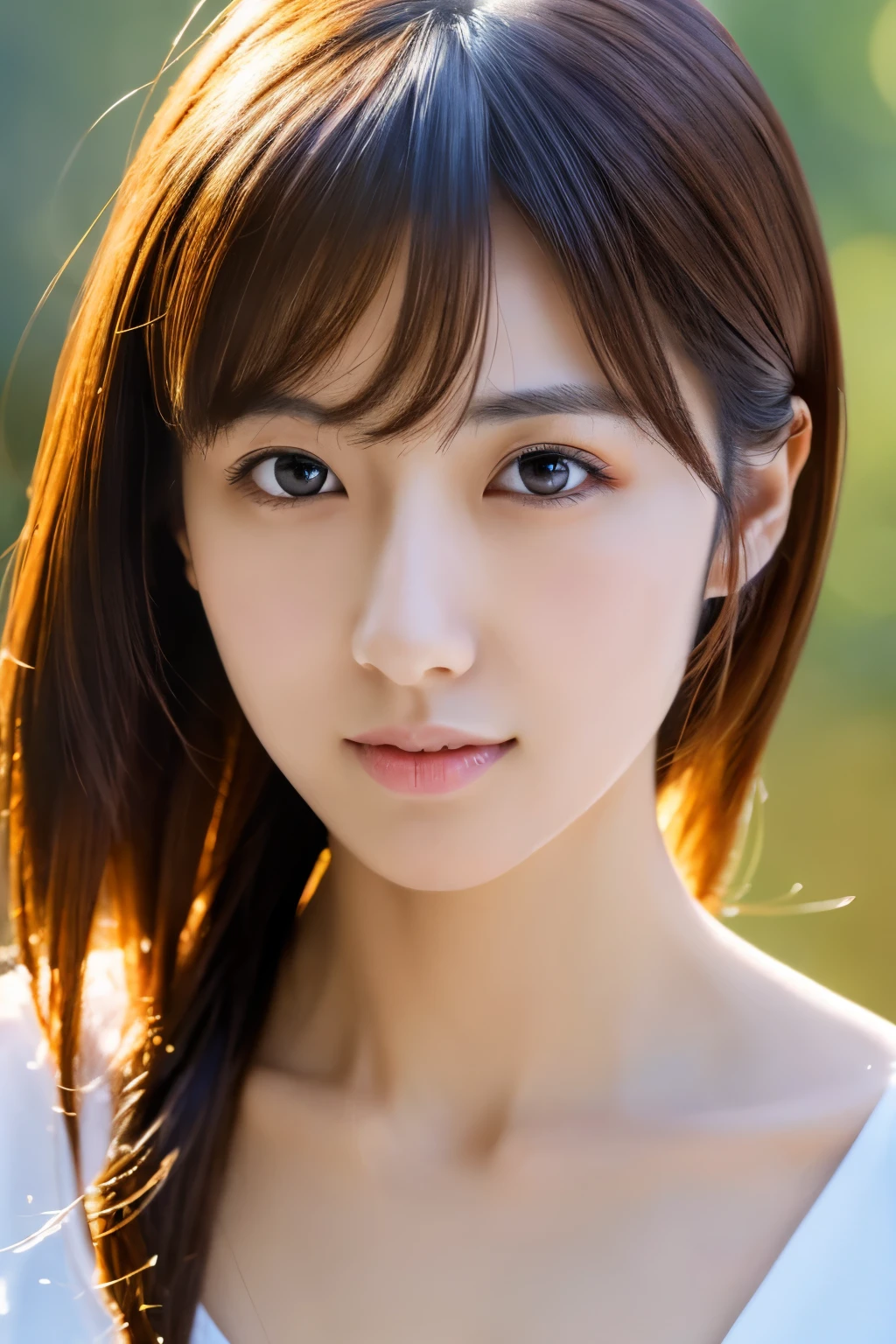 Masterpiece, Best Quality, Photorealsitic, Ultra-detailed, finely detail, high resolution, 8k wallpaper, Professional, high level of detail, 1girl in, Skinny Japanese woman, ((Facing the front)), Detailed clavicle, face perfect, straight hair, (look straight at a camera)
