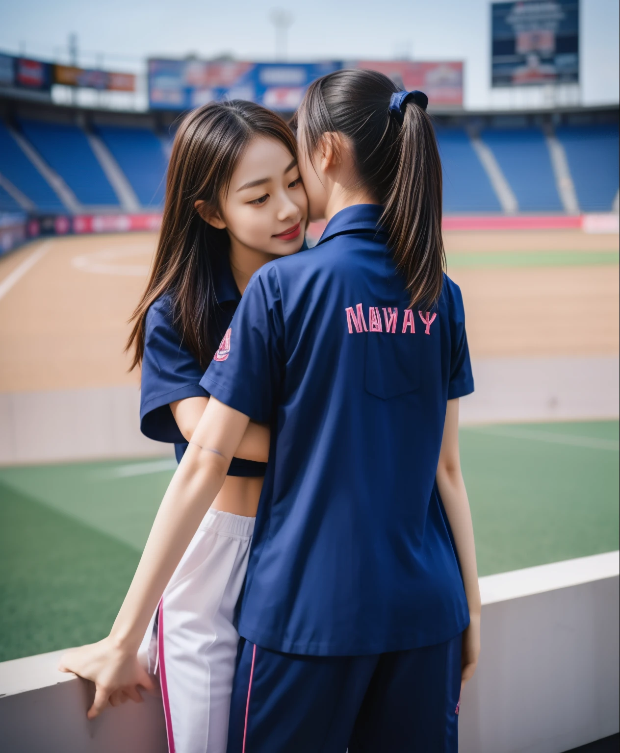 (best quality,10,10,height,Masterpiece:1.2),Special details,(realistic,ภาพrealistic,Realistic photos:1.37),1 cute girl on the football field,shiny, ผิวshiny,only,smile softly,BDclothelue shirt:1.3)),short sleeve,shirt, กางเกงขาlong.,(navy_long_track pants:1.1), ((stadium background:1.3)),Dynamic angle,excited,Face focus,dynamic poses,from behind,focus on ass,Masterpiece, best quality, ultra realistic, hyper-detail, 8K resolution, raw photos, Sharp focus, ((Navy blue shirt:1.1)), short sleeve, เส้นทางlong, perfect body, 2 mature women, 18 years old, Cinema-grade lighting system,blue sweatpants,shirtผ้าออกกำลังกาย,correct anatomy,perfect body, correct body, Sharp face, correct bodyทางกายวิภาค, full body, realistic gestures, long-haired, realistic poses,Wear long shorts................................,ช่วงขาlong,Good shape,carved girl, Slender figure, model, Good shape, beautiful body,blue sweatpants, two girls kissing