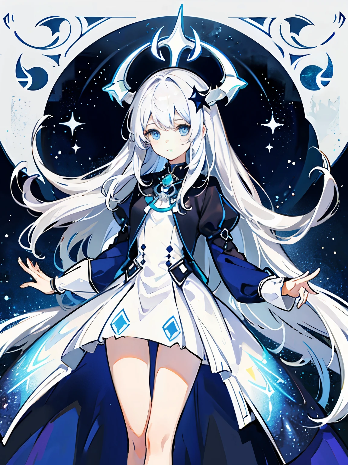 Female, white hair, blue eyes, dark dress tone, galaxy, crab, sky, stars, zodiac cancer.