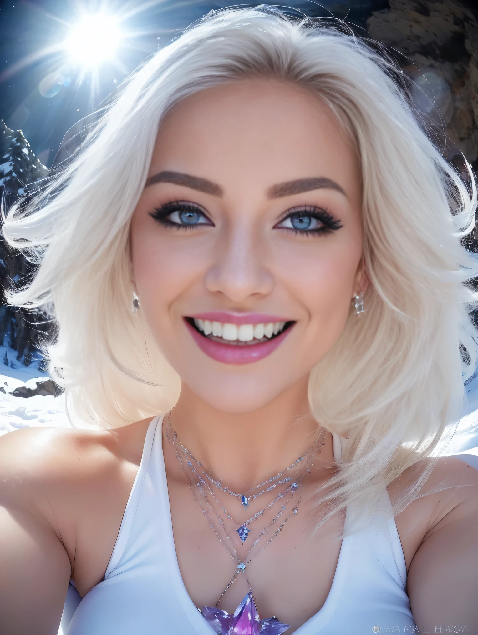 (((fisheye 5mm lens)))), ((extreme closeup, laughing)), Sony a9 II, (((on a dark night))) An ultra hot gorgeous European woman, age 23. She’s a playmate, men magazine model. Blonde hair. Inside a gigantic cave, ice crystals, (((She's in action pose, She extracts crystals on the snow)). ((Behind her a field of fresh snow)). Dressed with random winter colors. Perfect anatomy, perfect hair, perfect breast, perfect body, perfect hands, perfect face, perfect eyes, accurate, anatomically correct, perfect clear and crisp focus, UHD, masterpiece,