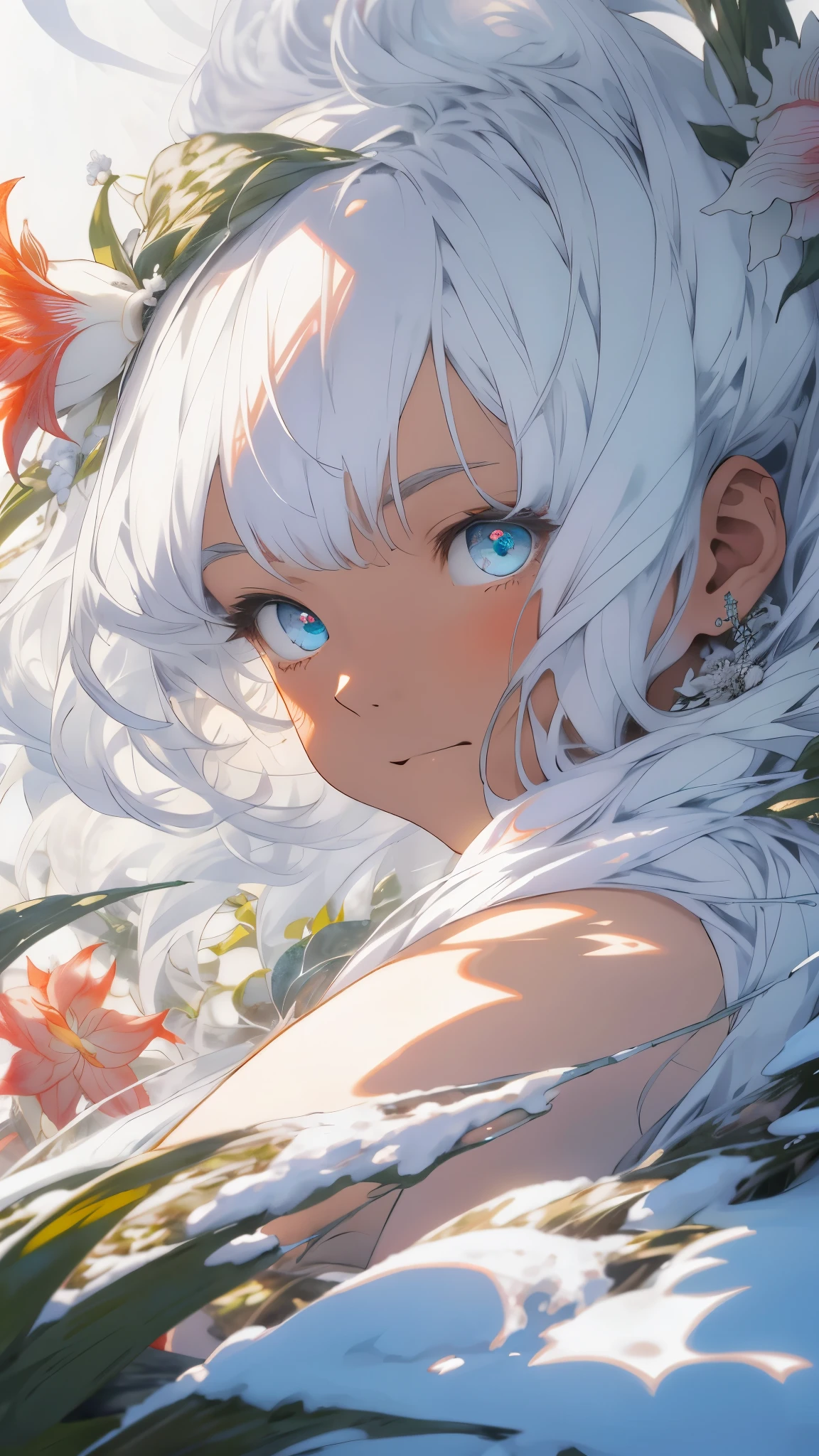 realisticlying，（tmasterpiece，top Quority，best qualtiy，offcial art，Beauty and aesthetics：1.2），The is very detailed，s fractal art，Colorful，Most detailed，zentangle，（abstract backgrounds：1.5）（1boy：1.3），Kamimei，white color hair，long whitr hair，（luminous red eyeistic，(magia)，Ice and snow，Kizi，((amaryllis，Stone garlic))，hades，hell