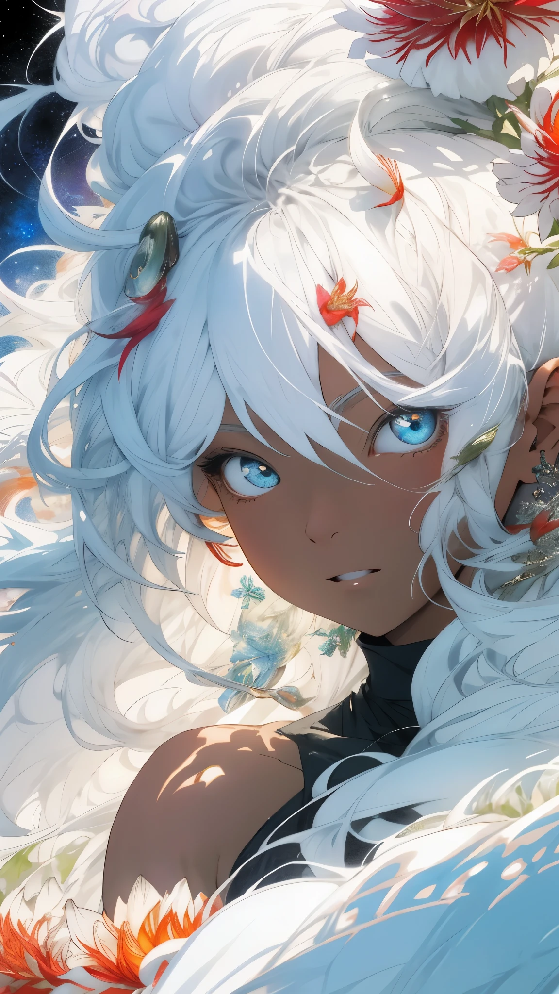 realisticlying,(tmasterpiece,top Quority,best qualtiy,offcial art,Beauty and aesthetics:1.2),The is very detailed,s fractal art,Colorful,Most detailed,zentangle,(abstract backgrounds:1.5)(1boy:1.3),Kamimei,white color hair,long whitr hair,(luminous red eyeistic,(magia),Ice and snow,Kizi,((amaryllis,Stone garlic)),hades,hell