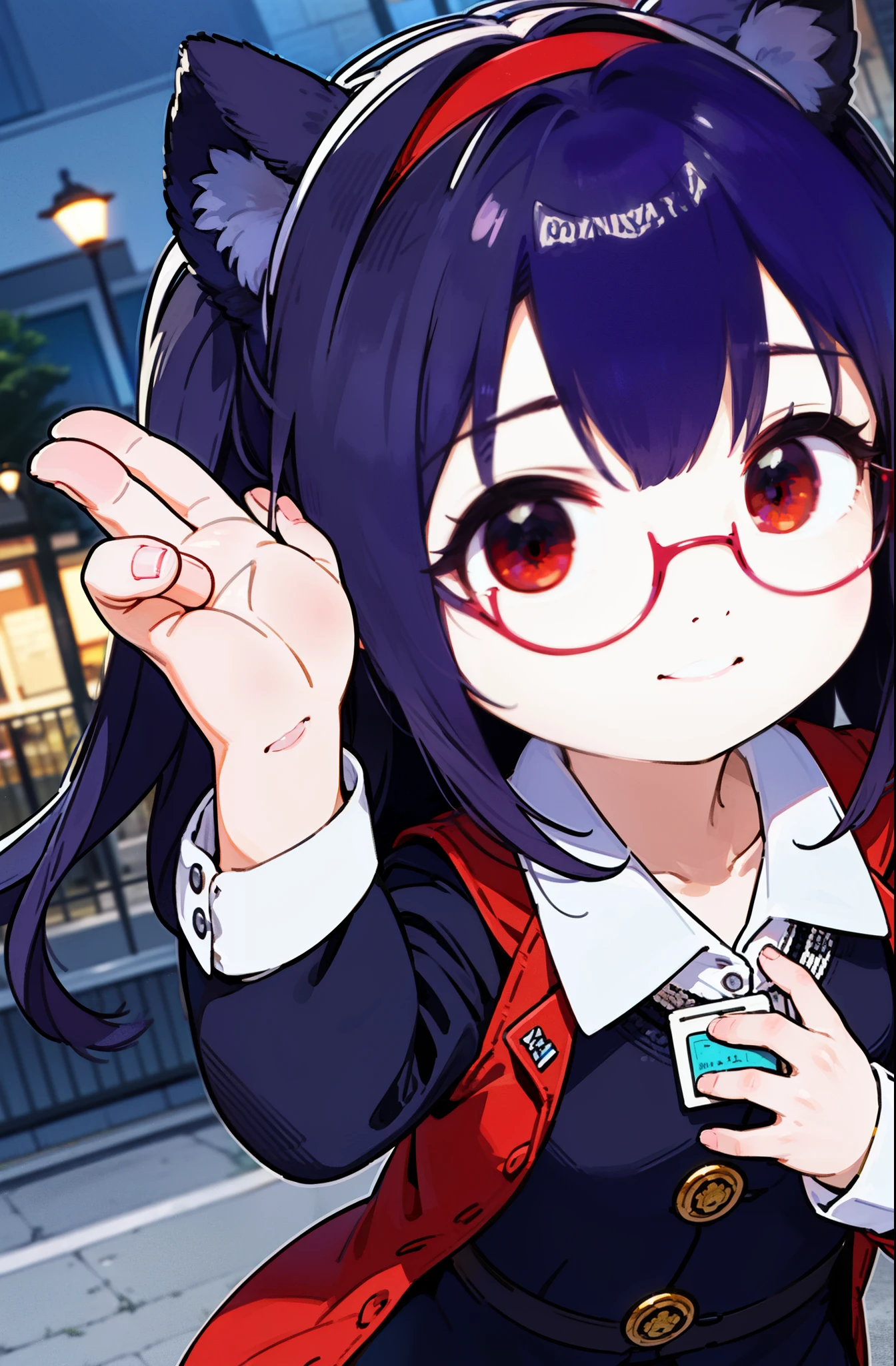 yuukikonno, Yuki Konno, hair band, long hair, pointy ears, purple hair, (red eyes:1.5), (small breasts:1.2), close your mouth,animal ears　dog ears,animal tail　dog tail,OL, red glasses, end, black suit jacket, collared jacket, white dress shirt, collared shirt, neckline, button, strap, ID card on the neck, black pencil skirt, black pantyhose, smile, blush, morning,morning日
break looking at viewer, Upper body, whole body,
break outdoors, city,building street,
break (masterpiece:1.2), highest quality, High resolution, unity 8k wallpaper, (shape:0.8), (beautiful and detailed eyes:1.6), highly detailed face, perfect lighting, Very detailed CG, (perfect hands, perfect anatomy),