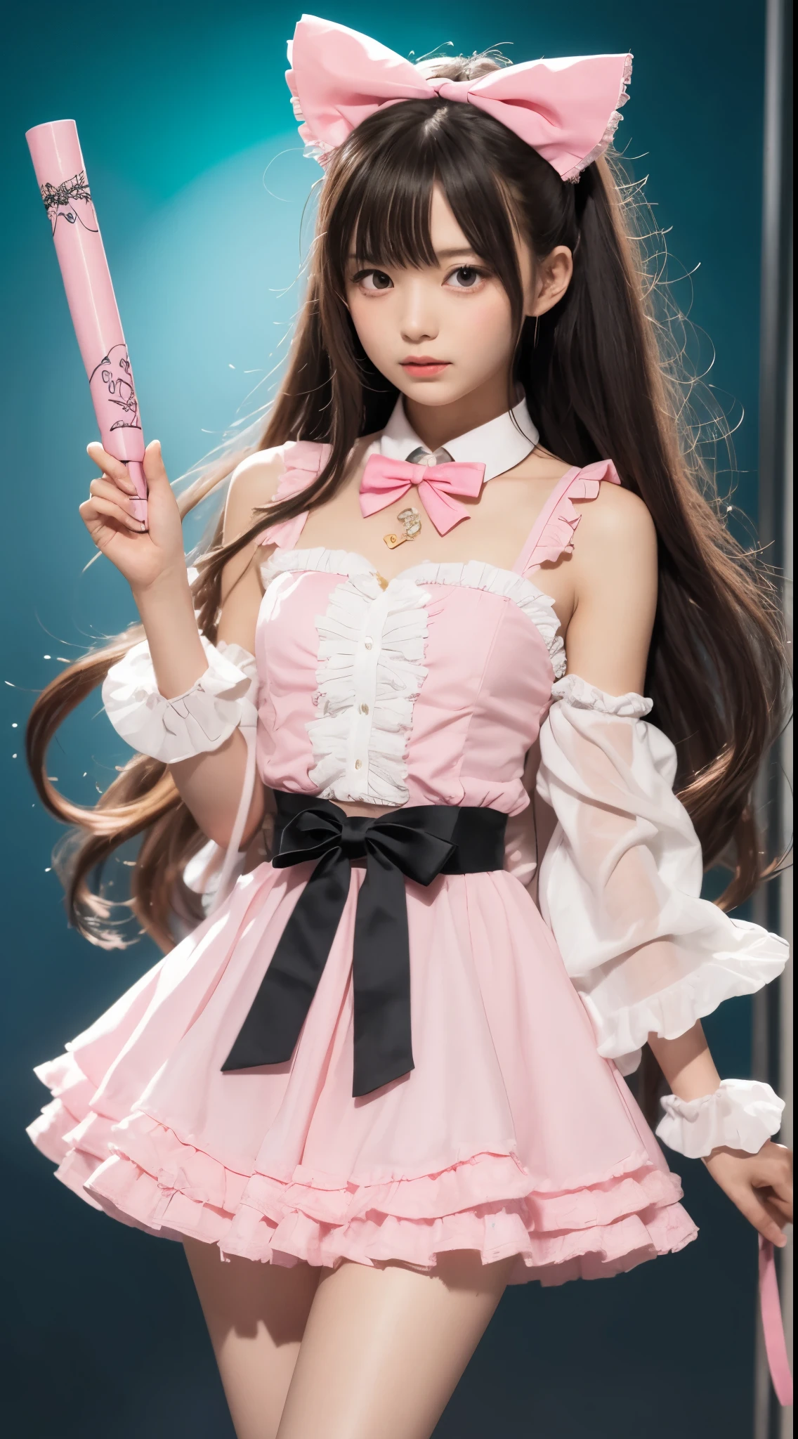 Highest quality, masterpiece, Very detailed, 8K, 14 year old beautiful Japanese woman:1.5, Small face, blunt bangs, Black hair ponytail, ((Woman crucified on the cross:1.5, Breast Augmentation Surgery)), (Detailed pink magical girl heroine costume:1.5), remote_play, remote_Vibrate、 (??????:1.5)