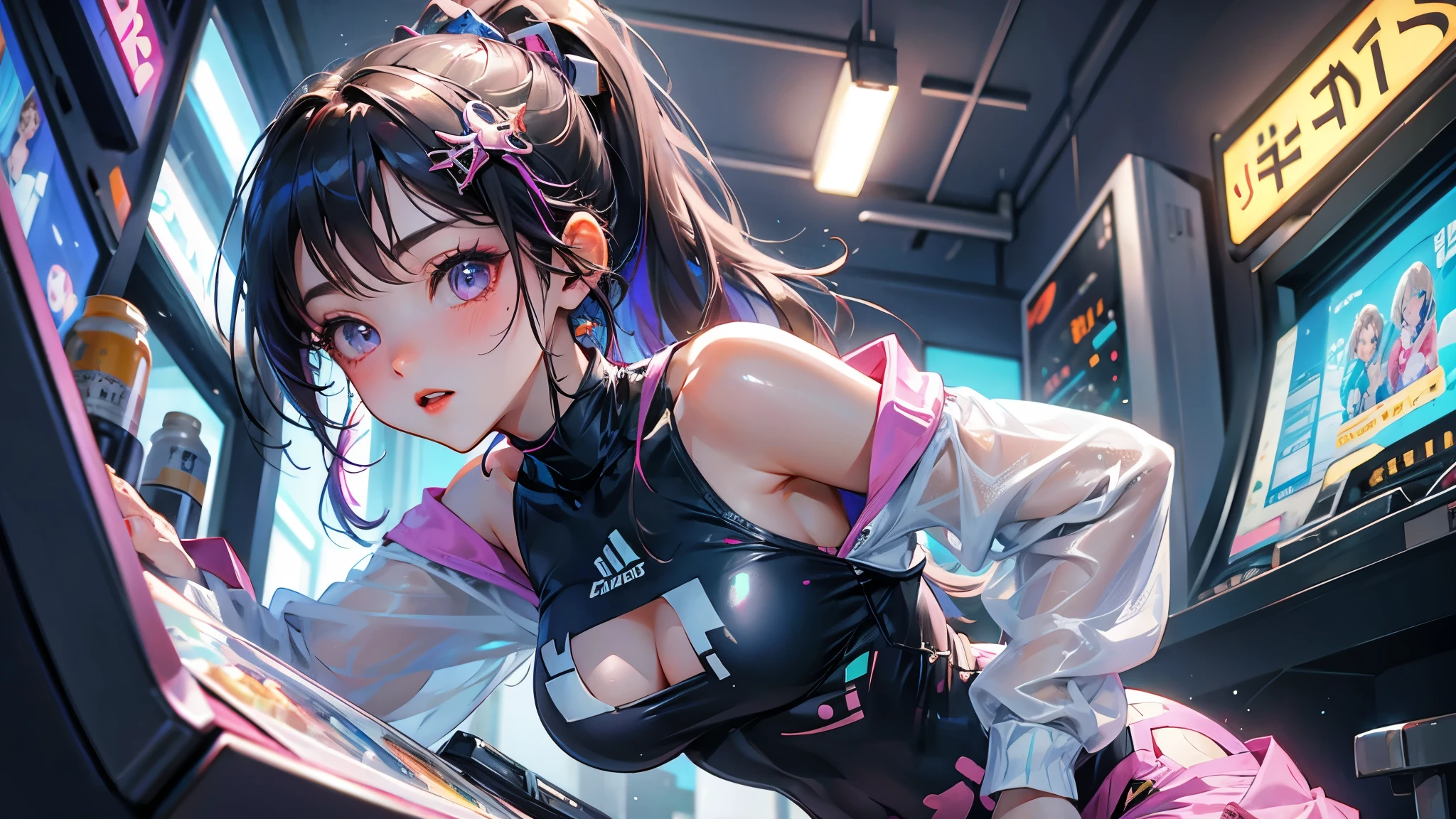 1 girl, solo, ((Masterpiece)), best quality, absurderes, ultra detailed, holographic, cowboy shot, golden ratio, super cute girl, girl, idol girl, super beautiful asian girl with very beautiful violet glowing eyes, beautiful glowing white multicolored hair, high ponytail, nice and sexy b slim body, perfect body, wearing a super tight anime printed leotard, an anime printed super tight off shoulder long sleeve crop top, a super aesthetic transparent mini jacket, beautiful hair ornament, pink jordan tennis, playing with her handsome otaku skinny boyfriend, with black messy glowing hair, in the arcade games