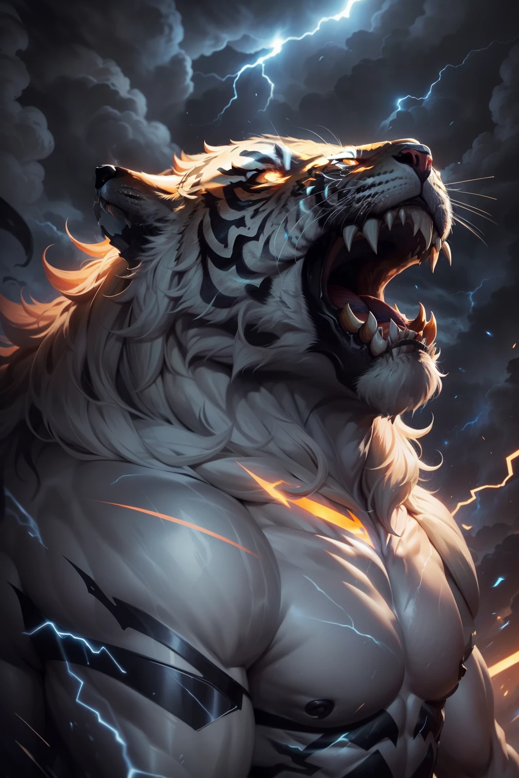 The Roar Tiger of Dark and Light soars majestically in the sky, its fiery orange fur contrasting dramatically against the backdrop of ominous, dark clouds. The tiger's eyes gleam with an intense golden light, as it lets out a mighty roar that pierces through the rumbling thunder. The storm clouds, swirling with electric energy, dance around the tiger, their edges illuminated by the flickering, ethereal light emanating from the beast's form. The celestial sight is both awe-inspiring and fearsome, as onlookers below marvel at the spectacle unfolding above them.