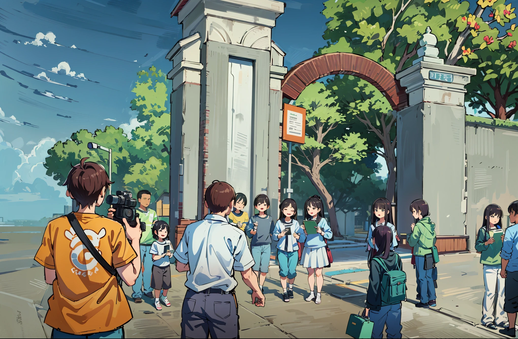 clean comic style,Three people at the school gate are holding books in their hands,camera shot