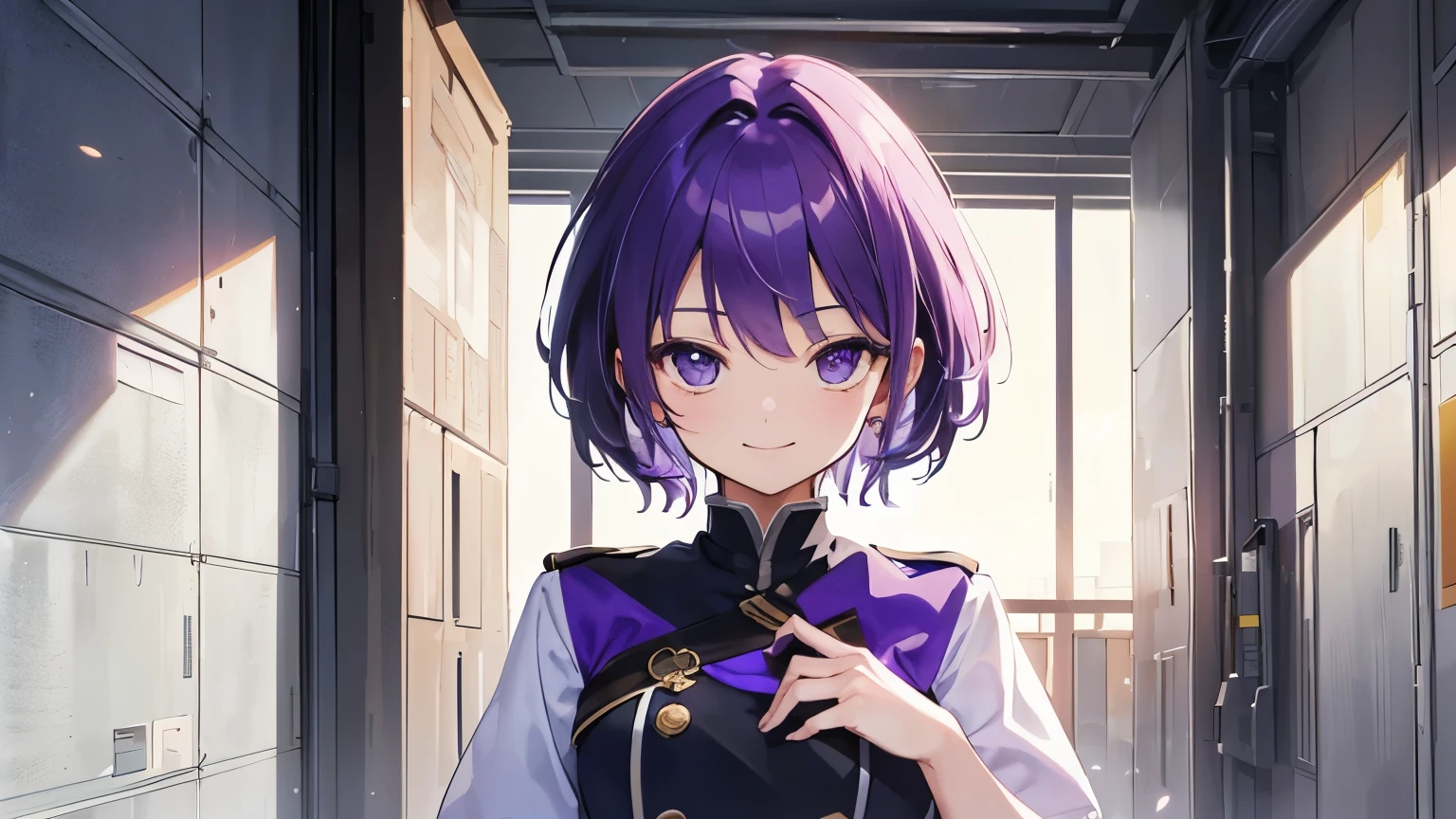 (T Masterpiece，4k wallpaper，best quality))、((girl１people))、(solo)、Shining and vivid，(purple hair)、(shortcut:1.3)、smile、uniform、future