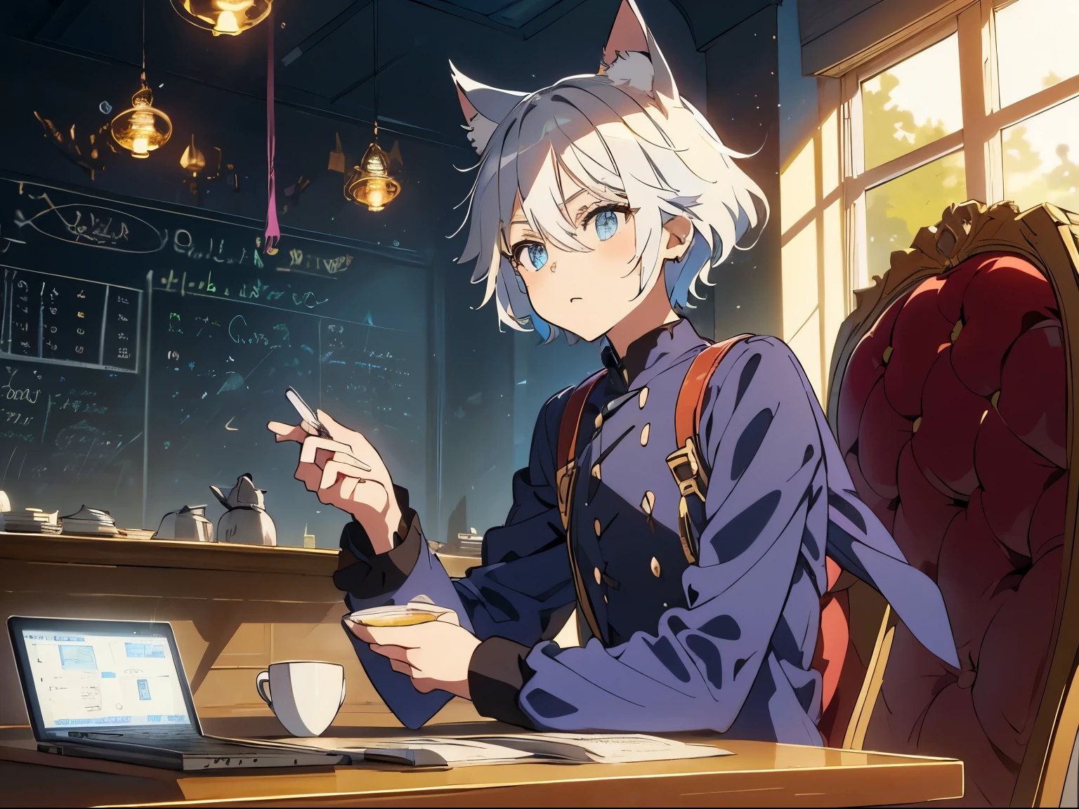 masterpiece, A world where magic and technology coexist, fantasy，wonderland，cat ears boy(gray hair, short hair) ，	1 personの男の子 ，solo，1 person，beautiful eyes、depicted in detail， Upper body illustration,work，computer，Cafe，Inside the store，sit on a chair，indoor，pants，tired