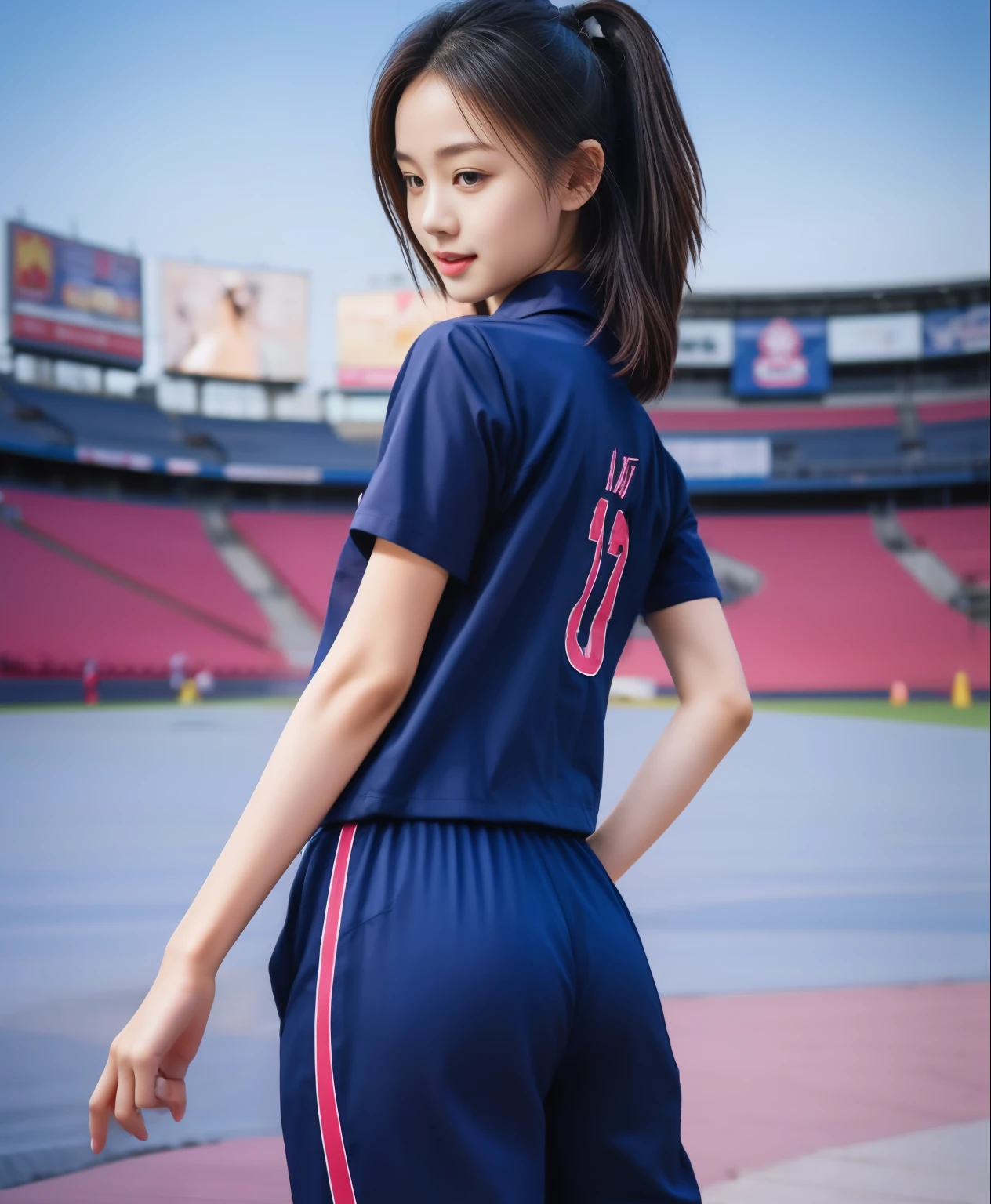 (best quality,10,10,height,Masterpiece:1.2),Special details,(realistic,ภาพrealistic,Realistic photos:1.37),1 cute girl on the football field,shiny, ผิวshiny,only,smile softly,BDclothelue shirt:1.3)),short sleeve,shirt, กางเกงขาlong.,(navy_long_track pants:1.1), ((stadium background:1.3)),Dynamic angle,excited,Face focus,dynamic poses,from behind,focus on ass,Masterpiece, best quality, ultra realistic, hyper-detail, 8K resolution, raw photos, Sharp focus, ((Navy blue shirt:1.1)), short sleeve, เส้นทางlong, perfect body, 2 mature women, 18 years old, Cinema-grade lighting system,blue sweatpants,shirtผ้าออกกำลังกาย,correct anatomy,perfect body, correct body, Sharp face, correct bodyทางกายวิภาค, full body, realistic gestures, long-haired, realistic poses,Wear long shorts................................,ช่วงขาlong,Good shape,carved girl, Slender figure, model, Good shape, beautiful body,blue sweatpants, two girls kissing