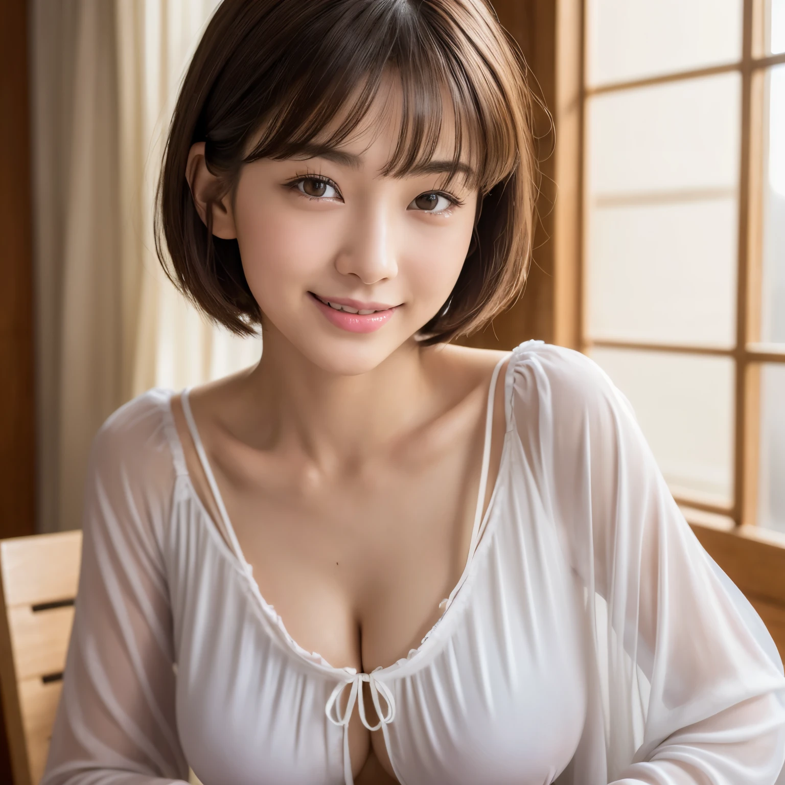 （white and mixed people）、Western facial features、(short cut hair+brown hair+dull bangs:1.2)、table top, highest quality, finely, High resolution, 8k、wallpaper, perfect dynamic composition, whole body、detailed and beautiful eyes, big breasts, natural color lip, random sexy poses,(8k, 超A high resolution, highest quality:1.2),(18-year-old:1.2)、(avert your eyes)、Smile a little、Japanese girl raw portrait、Photoreal、超A high resolution、highest quality、 (huge breasts, cleavage:1.2),((chiffon blouse :1.4))、 (natural skin texture、fine skin、hyper realism、Super sharpness)、intricate details、Depth of the bounds written、korean idol、Nogizaka Idol、Gravure idol pose、Smile a little、whole body、Thighs