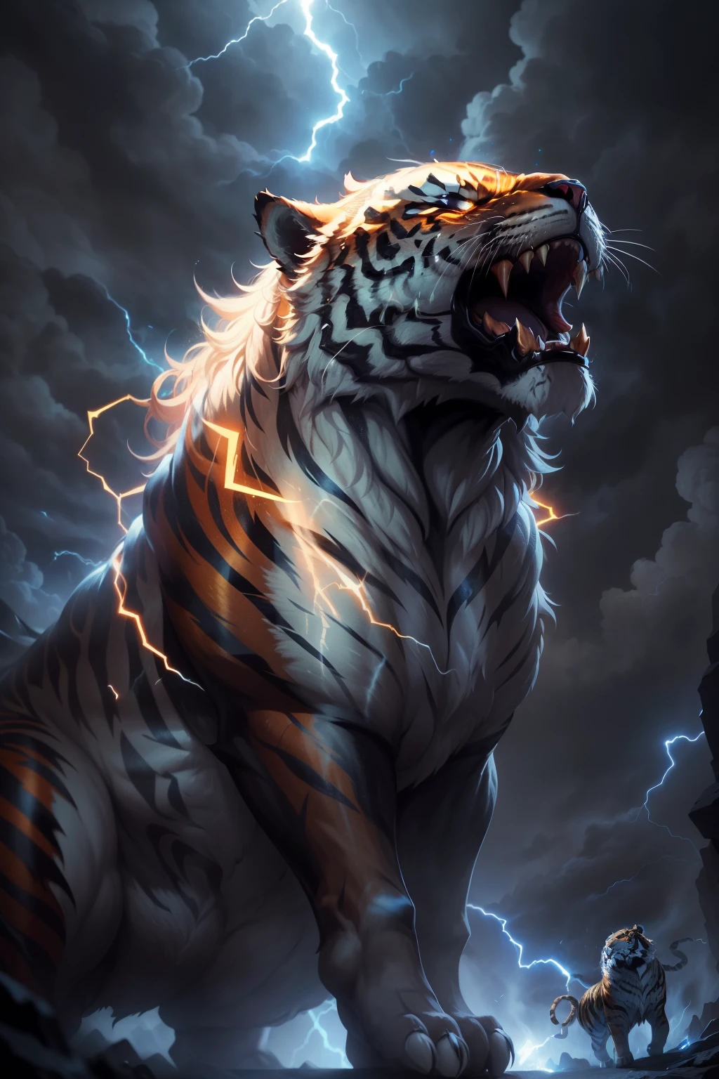 The Roar Tiger of Dark and Light soars majestically in the sky, its fiery orange fur contrasting dramatically against the backdrop of ominous, dark clouds. The tiger's eyes gleam with an intense golden light, as it lets out a mighty roar that pierces through the rumbling thunder. The storm clouds, swirling with electric energy, dance around the tiger, their edges illuminated by the flickering, ethereal light emanating from the beast's form. The celestial sight is both awe-inspiring and fearsome, as onlookers below marvel at the spectacle unfolding above them.