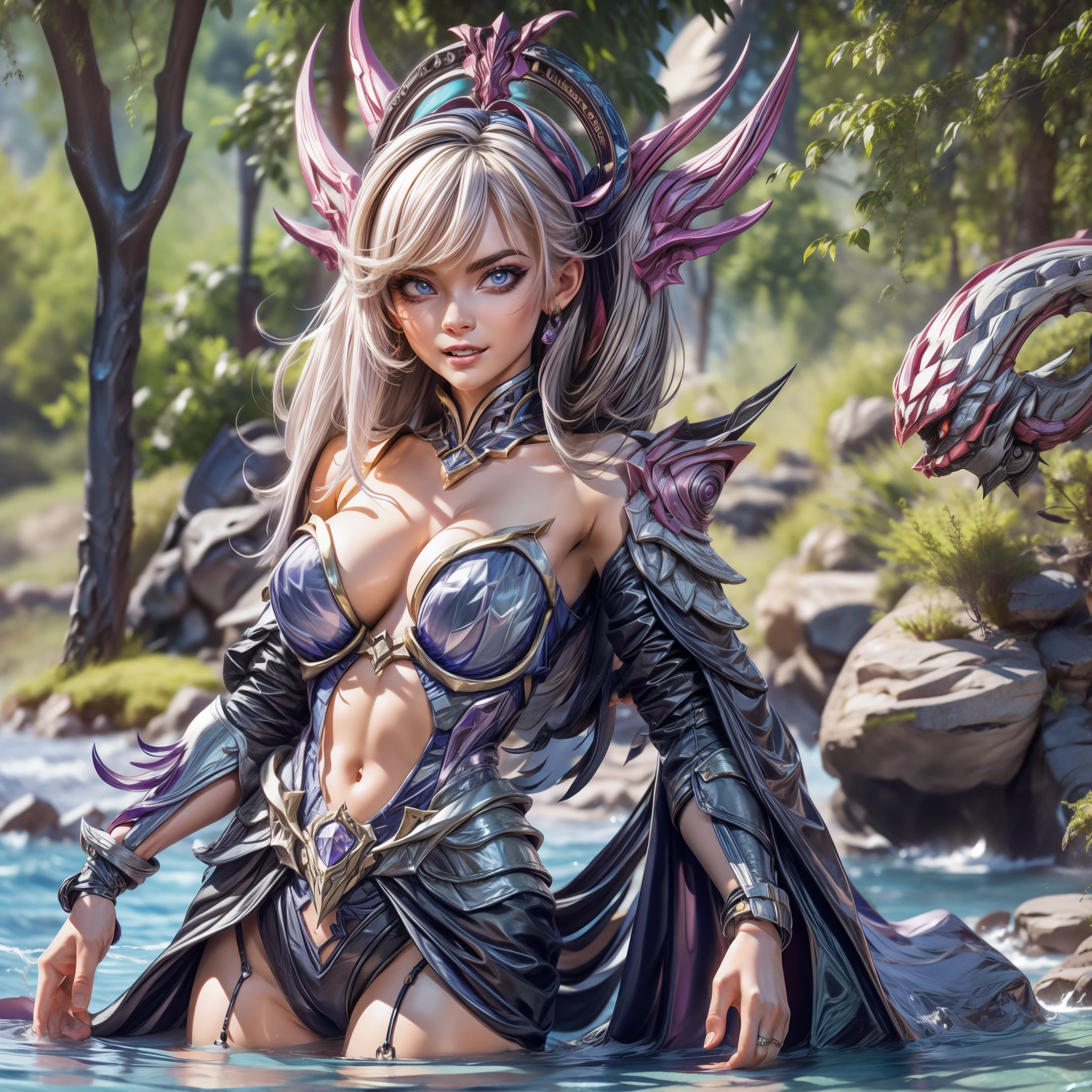 (best quality,4k,8k,highres,masterpiece:1.2),ultra-detailed, 1woman, Villainous Armored Alien Princess with water-based powers, (Super villainous) (beautiful face:1.5) adorned in asymmetrical, stylized armor, with seductive aquatic design, emitting a wicked, erotic smile, (villainous laughter:1.3). , HDR, 8k, absurdres, cinestill 800, sharp focus, add_detail:2