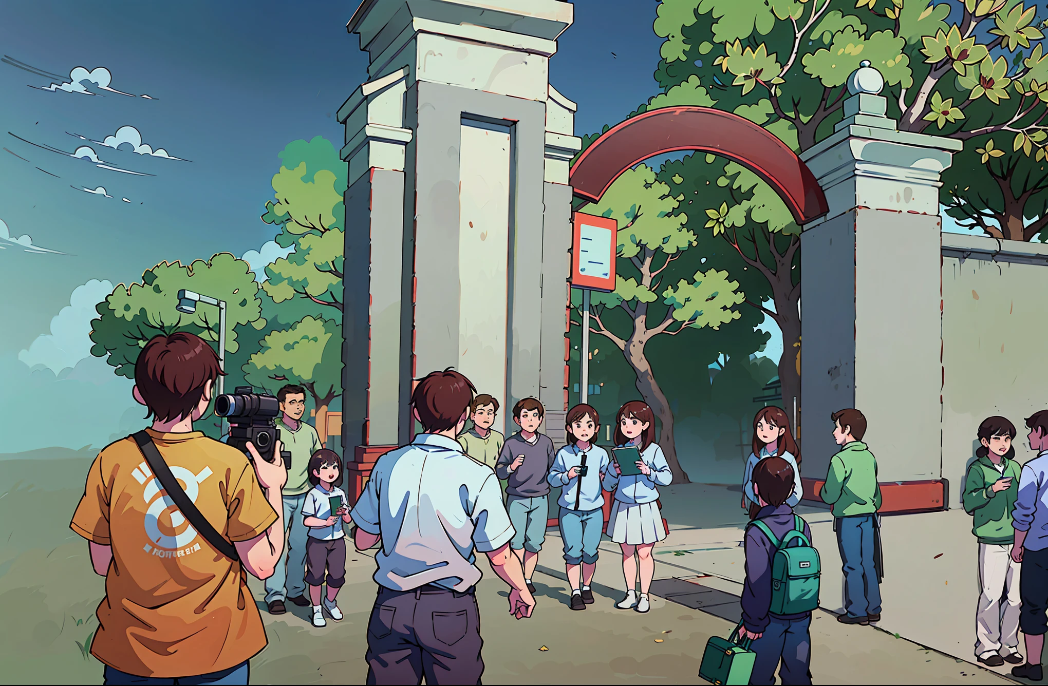 clean comic style,Three people at the school gate are holding books in their hands,camera shot