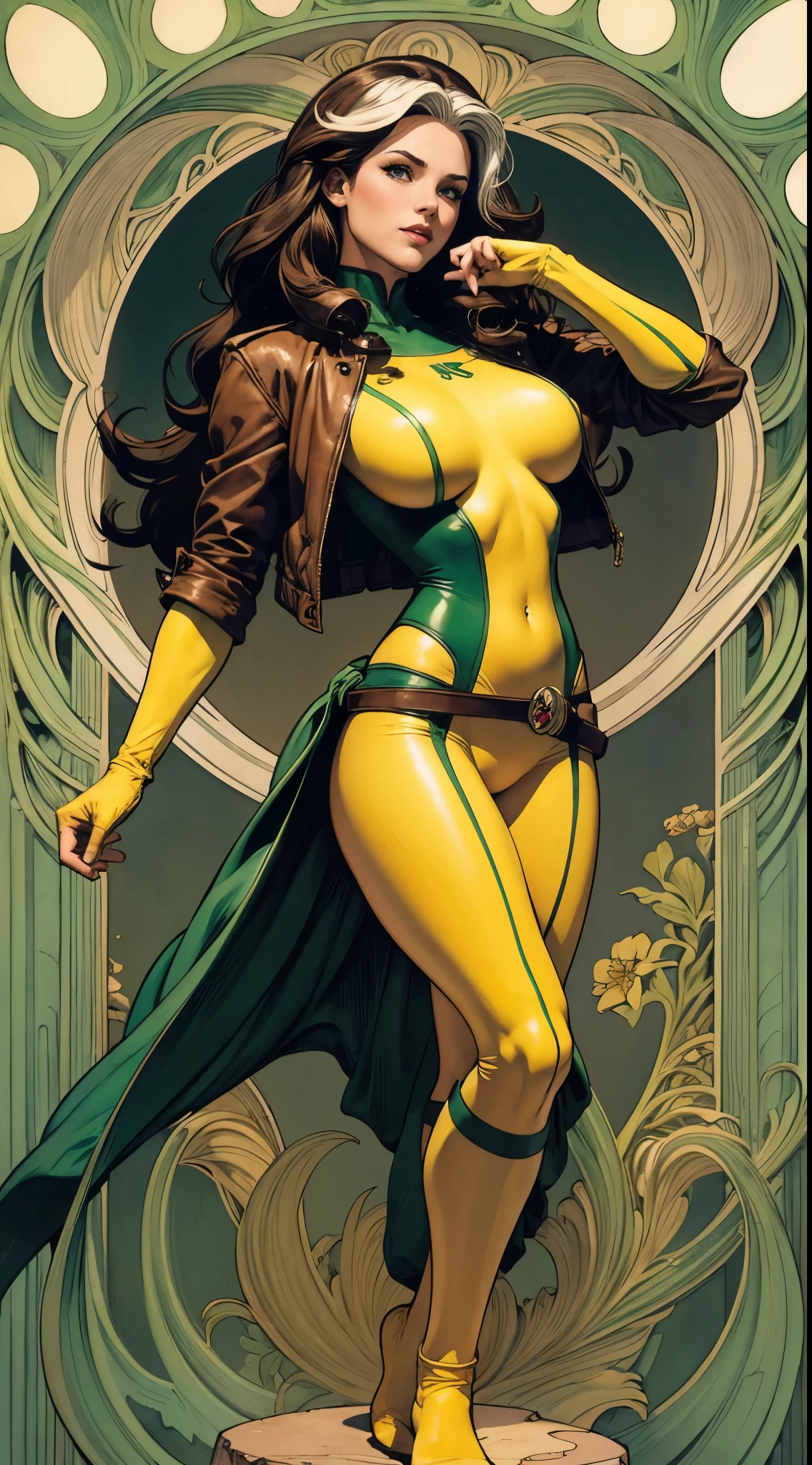 (masterpiece:1.0), (the best_quality:1.2), thief, 1991 Rogue X-Men, 1 girl, Only 1 pcs, full body view, medium length hair, brown hair, curls, messy hair, one lock of white hair, green eyes, mischievous look, giggle, Suitable for body shape, Curvy figure, medium breasts, lipstick, cosmetics, jacket, green headband, belt, yellow gloves, Bodysuit, open jacket, The light source comes from above, (realism: 1.5), (actual: 1.4), (absurd:1.4), 8k, Super detailed, Detail of beautiful woman, (Art Nouveau), Influenced by John William Waterhouse and Alphonse Mucha, boundary, Width, background color: green, Kaneko, yellow, white, light brown