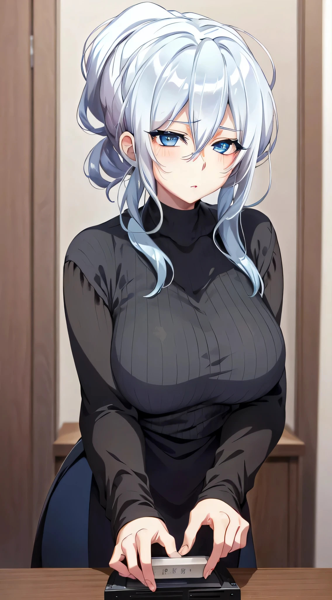 in bed, silver hair and  blue eyes, black shirt and no bra, anime visual of a cute girl, screenshot from the anime film, & her expression is solemn, in the anime film, in an anime, anime visual of a young woman, she has a cute expressive face, still from anime, big breast, red cheek, lustful face, fair skin