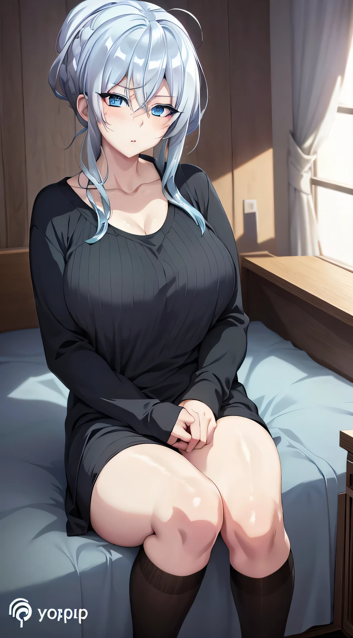 in bed, silver hair and  blue eyes, black shirt and no bra, anime visual of a cute girl, screenshot from the anime film, & her expression is solemn, in the anime film, in an anime, anime visual of a young woman, she has a cute expressive face, still from anime, big breast, red cheek, lustful face, fair skin