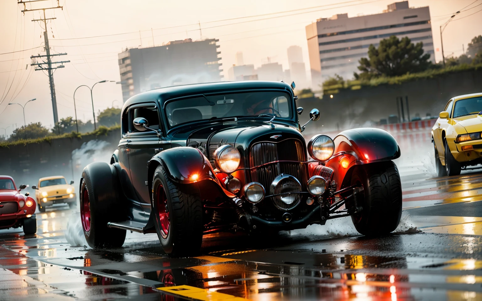 A 1932 Ford hot rod car races down a wet reflective track., Spreading water in all directions of the cyberpunk city. The city is full of neon lights, fog and height, angular building. the car is black and red、Has an aggressive and elegant look. The wheels are big and shiny、Tires are full of tread. The body of the car is designed with aerodynamics in mind.、has many straight and angular lines。. The car is going very fast、The wind is blowing strongly through the driver's hair.. the city lights are flashing、fog moving down the runway. Cars are in their own world of speed and power